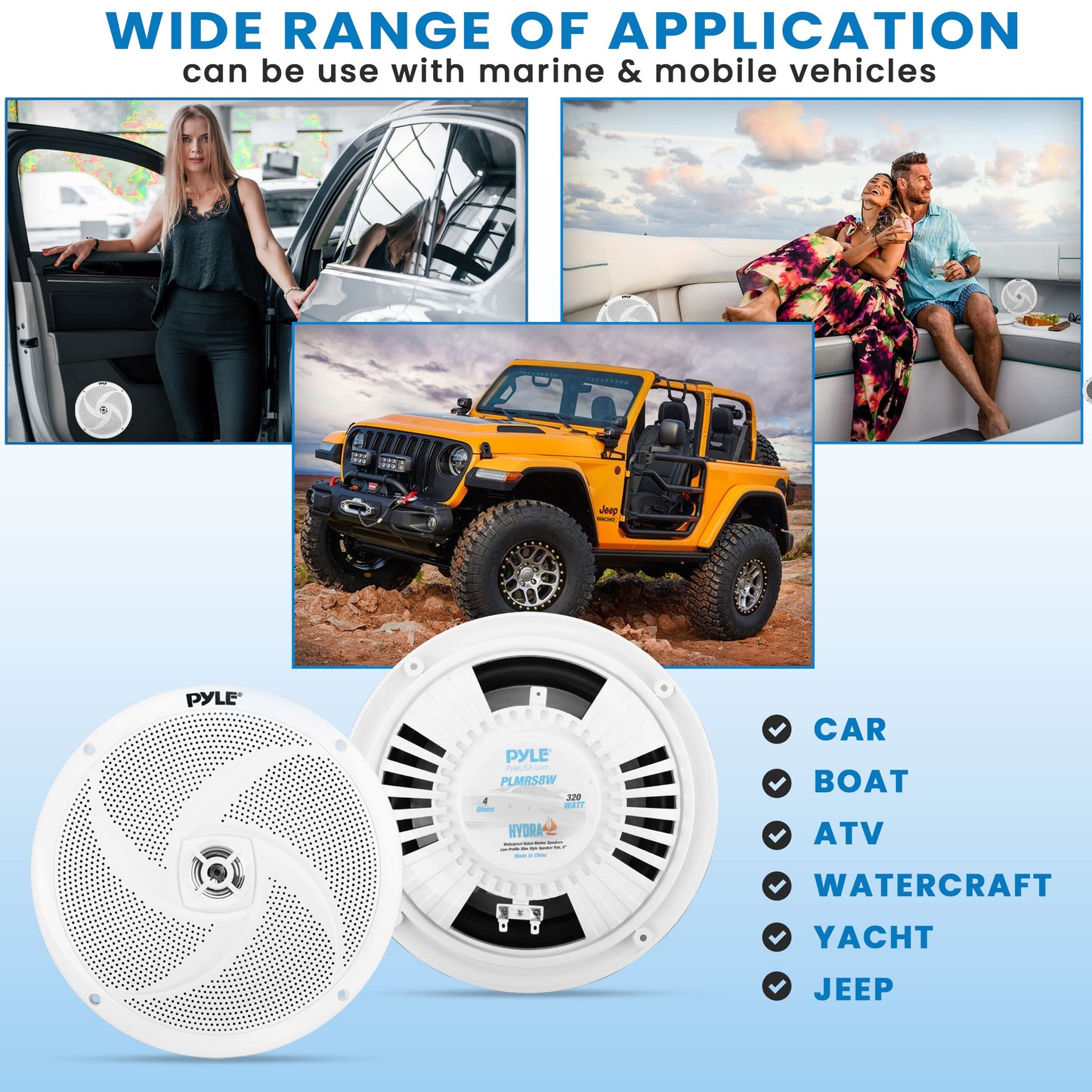 PyleUsa 8” Marine Vehicle Speakers Dual 2-Way 320W 4 Ohm Low Profile Waterproof Car Component Speaker System, 8 Oz Magnet, Voice Coil, for Custom Audio Boat, Truck, Watercraft, Mobile,Off-Road (White)