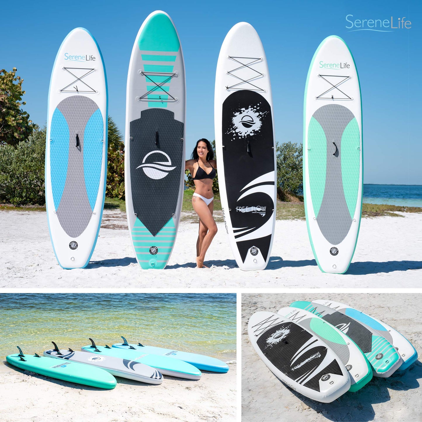 SereneLife Inflatable Stand Up Paddle Board (6 Inches Thick) with Premium SUP Accessories & Carry Bag | Wide Stance, Bottom Fin for Paddling, Surf Control, Non-Slip Deck | Youth & Adult Standing Boat