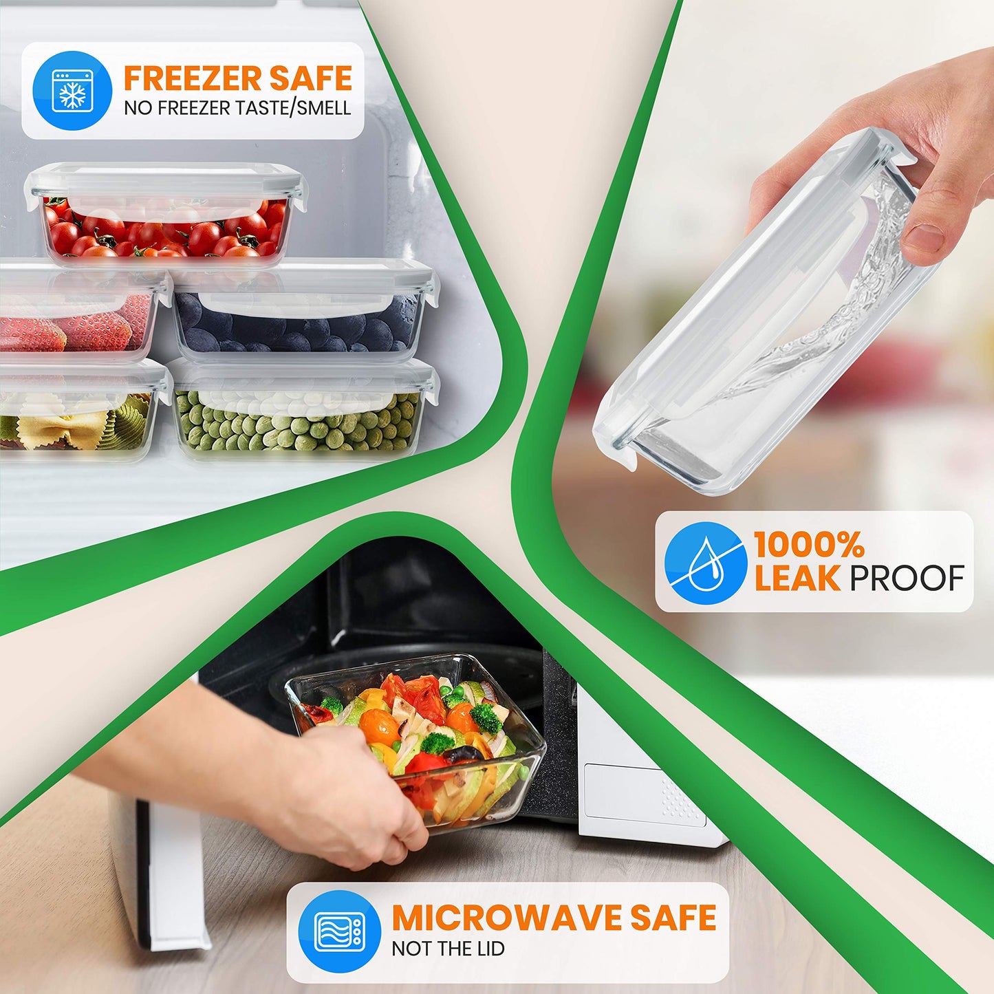 NutriChef 10-Piece Superior Glass Food Storage Containers Set (5 Containers + 5 Locking Lids),Stackable Meal-prep Design, BPA-free Airtight Clear Locking lids with Vent Lids & Air Hole, NCCLX5