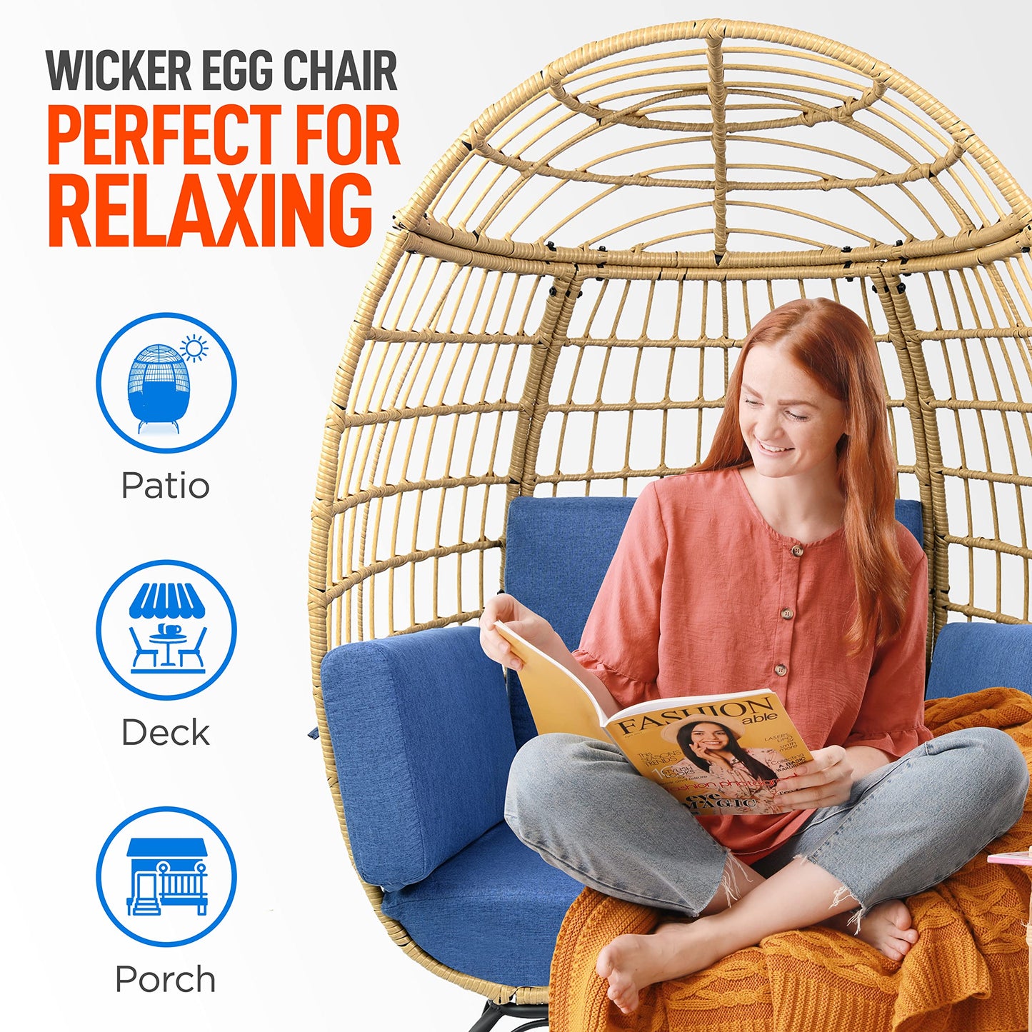 Jovial Wicker Rattan Egg Chair,Indoor Outdoor Blue Sofa Chair for Patio Backyard and Living Room with 4 Cushions and Powder Coated Steel Frame,Woven Texture Contemporary Ribbed Back Design