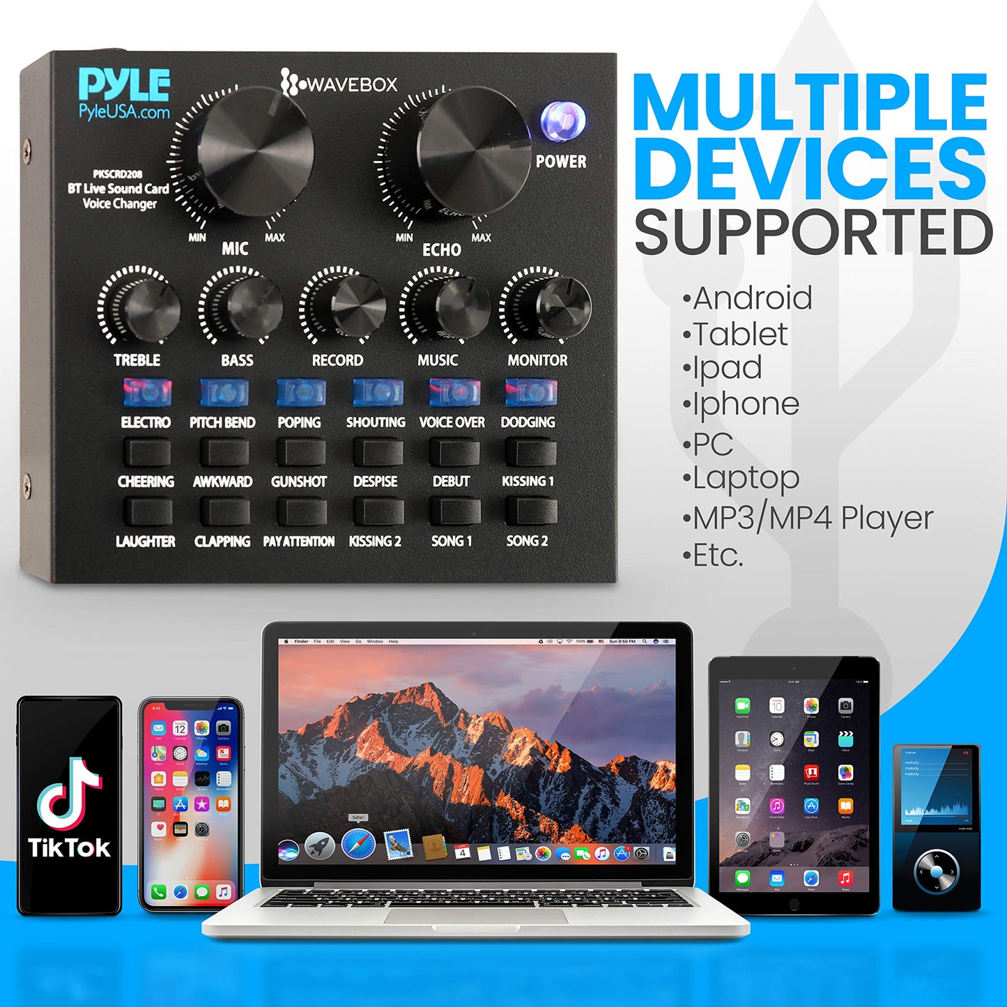 Pyle PKSCRD208 Bluetooth Mini Audio Interface Podcast Mixer Sound Card - Live Streaming for PC Computer iPhone Broadcasting | Voice Changer V8 with 12 Sound Effects,3 Inputs, Mic Input