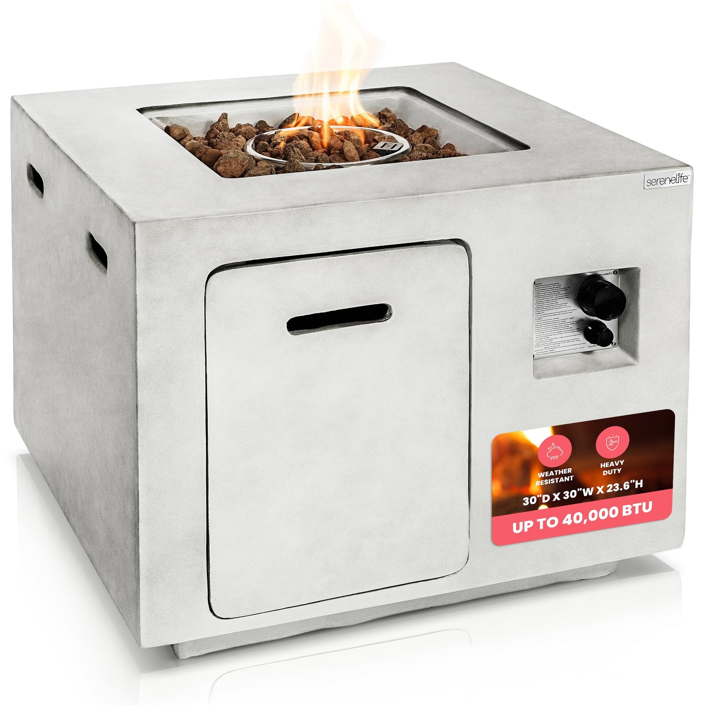 SereneLife Propane Gas Fire Pit Table - 40,000 BTU Outdoor Square Firepit with Lava Rocks, Cover, Adjustable Flame Height, and Weather-Resistant Design - Perfect for Backyard or Patio