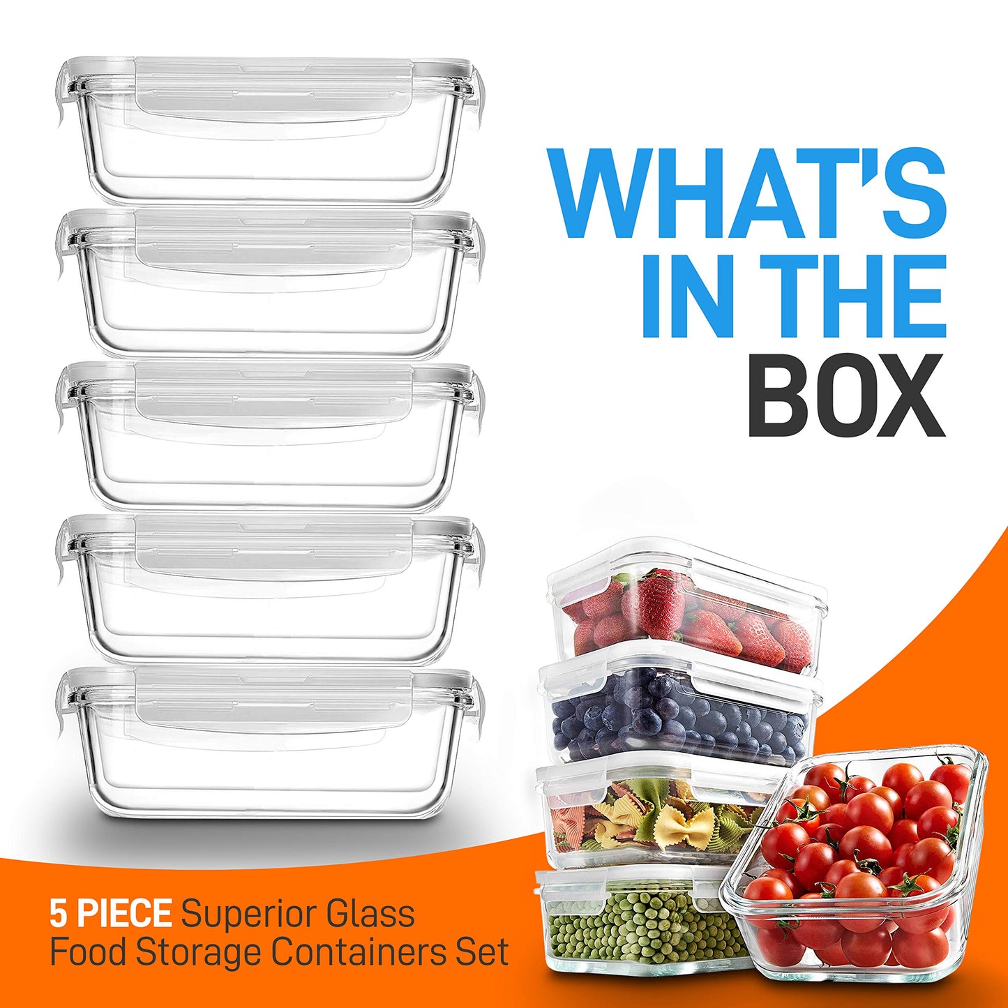 NutriChef 10-Piece Superior Glass Food Storage Containers Set (5 Containers + 5 Locking Lids),Stackable Meal-prep Design, BPA-free Airtight Clear Locking lids with Vent Lids & Air Hole, NCCLX5