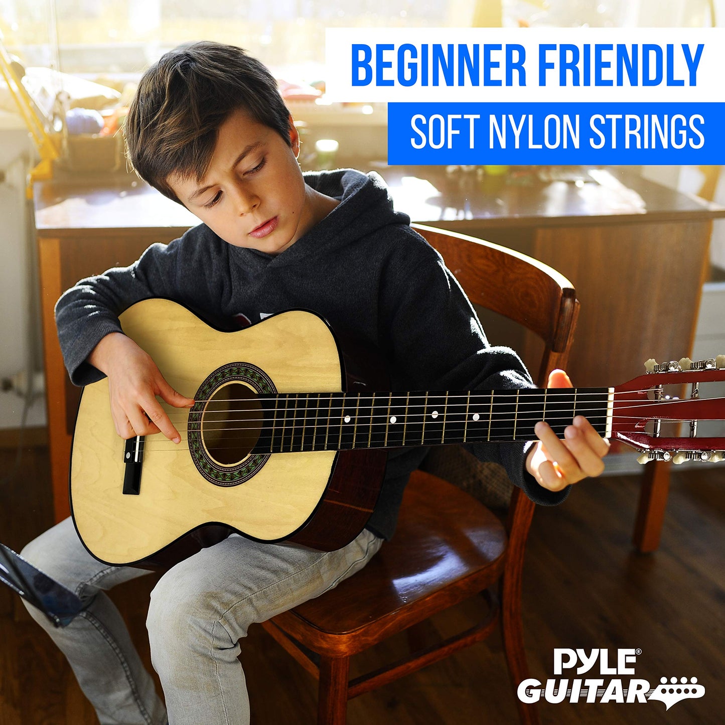 Pyle 30” Classical Acoustic 6 String Linden Traditional Style Guitar w/Wood Fretboard, Case Bag, Nylon Strap, Tuner, 3 Picks-for Beginner, Children Use, Right Handed, (PGAKT30)