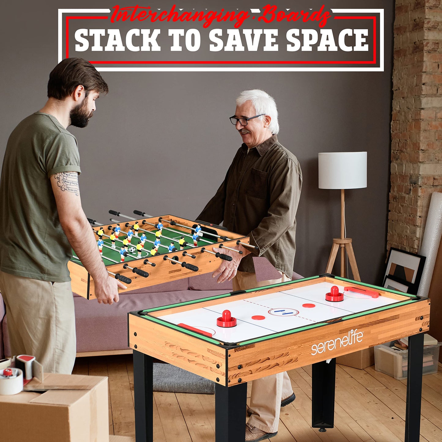 SereneLife 4in1 Multi Game Table, 48” Sports Arcade with Accessories, Ping Pong, Air Hockey, Pool Billiards, Soccer Foosball All in One, for Indoor and Outdoor, Family, Kids and Adults