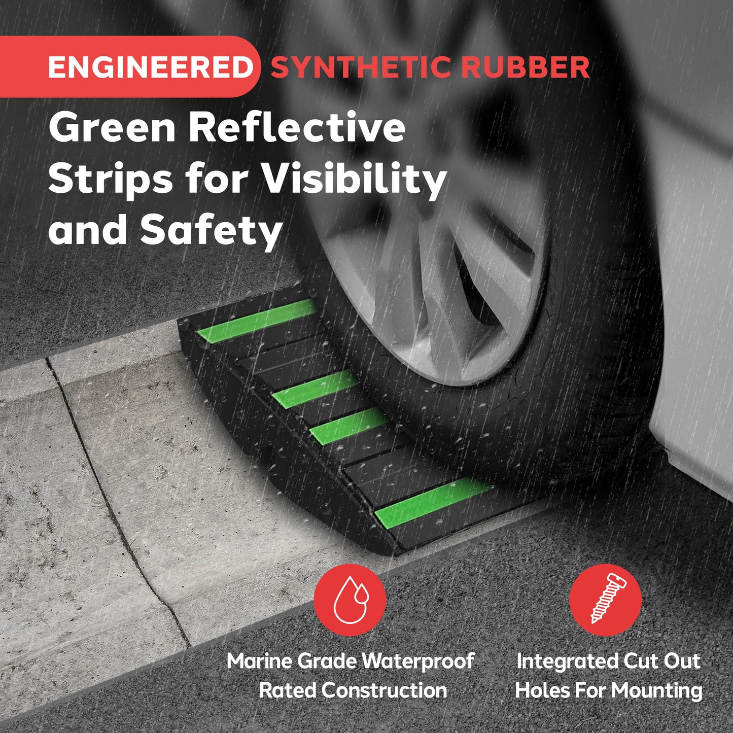 Pyle 1 Ft. Rubber Threshold Curb Ramp - Heavy Duty Non-Slip Rubber, Easy Mounting with Expansion Screws, Green Reflective Strips - Ideal for Driveways, Sidewalks, and Vehicle Ramps - 12.0"x16.0"x 2.6"