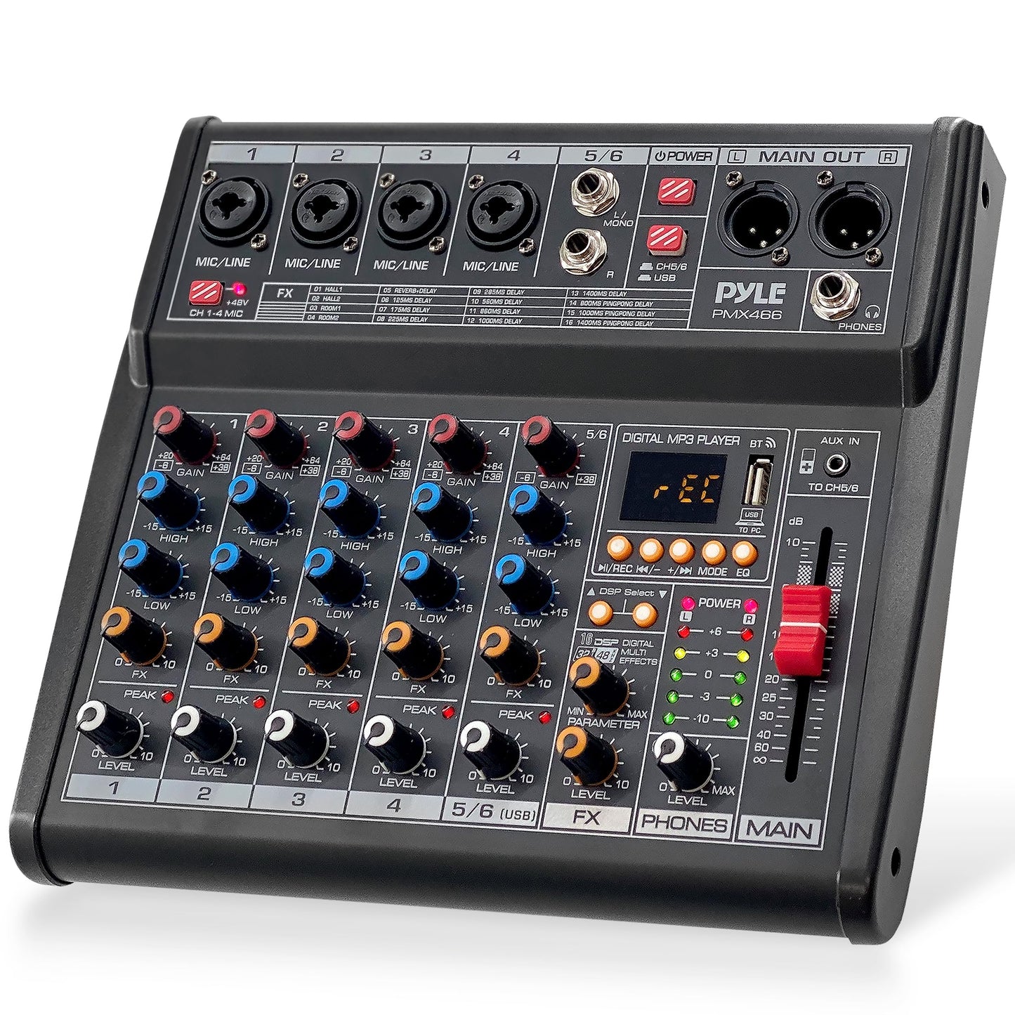 Pyle Professional Bluetooth DJ Audio Mixer - 6-Channel DJ Controller Sound Mixer w/DSP 16 Preset Effects, USB Interface, 4 XLR Mic/Line Input, AUX, FX Processor MP3 Player, Headphone Jack - PMX466