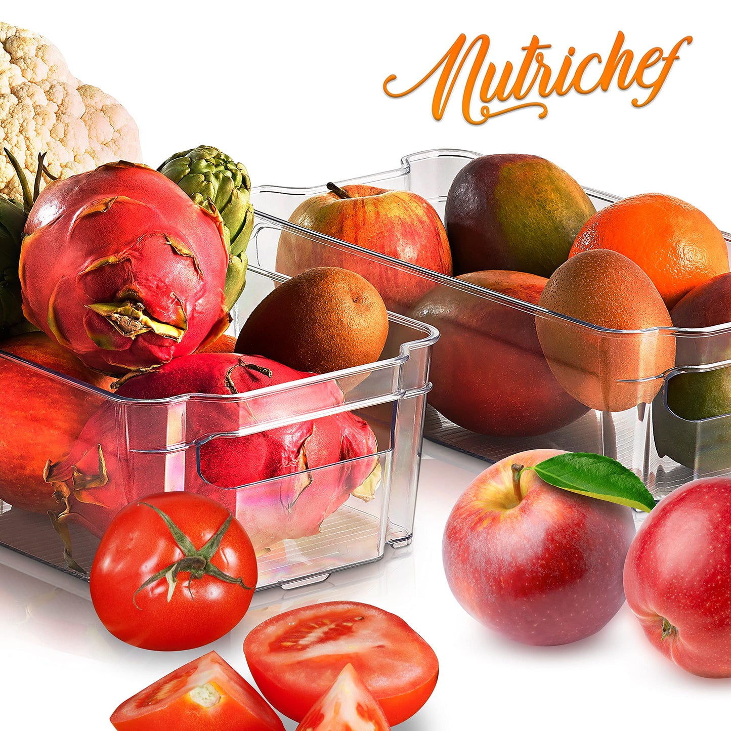 NutriChef 8-Piece Clear Refrigerator Organizer Bins – BPA-Free Fridge, Freezer, Pantry, Cabinet Storage Set (4 Wide & 4 Narrow Bins)