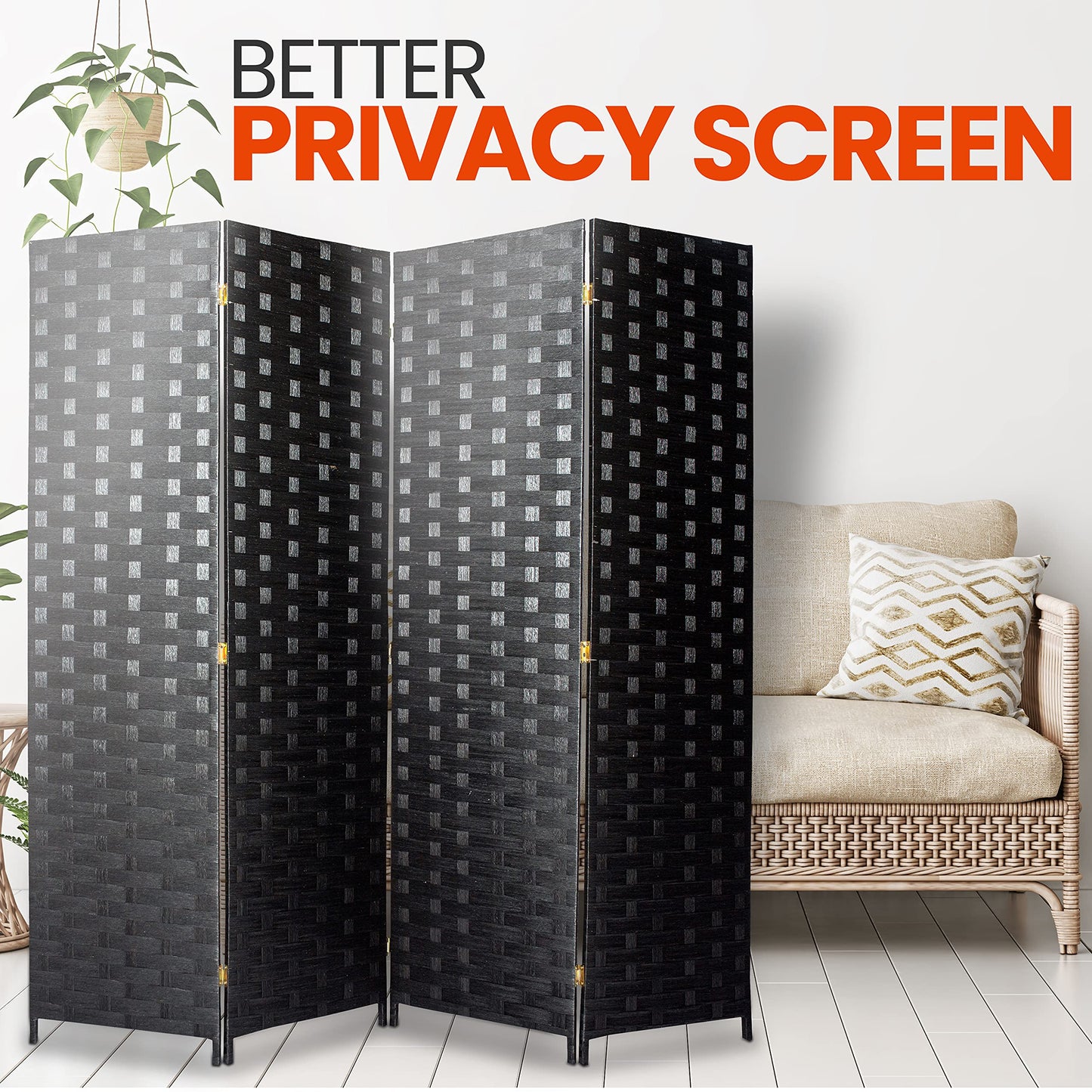 SereneLife Woven Fiber Room Divider - 4-Panel Portable Lightweight Freestanding Indoor Foldable Decorative Partition, Screen Separator, Better Folding Privacy, Dressing Area, Porch, Office