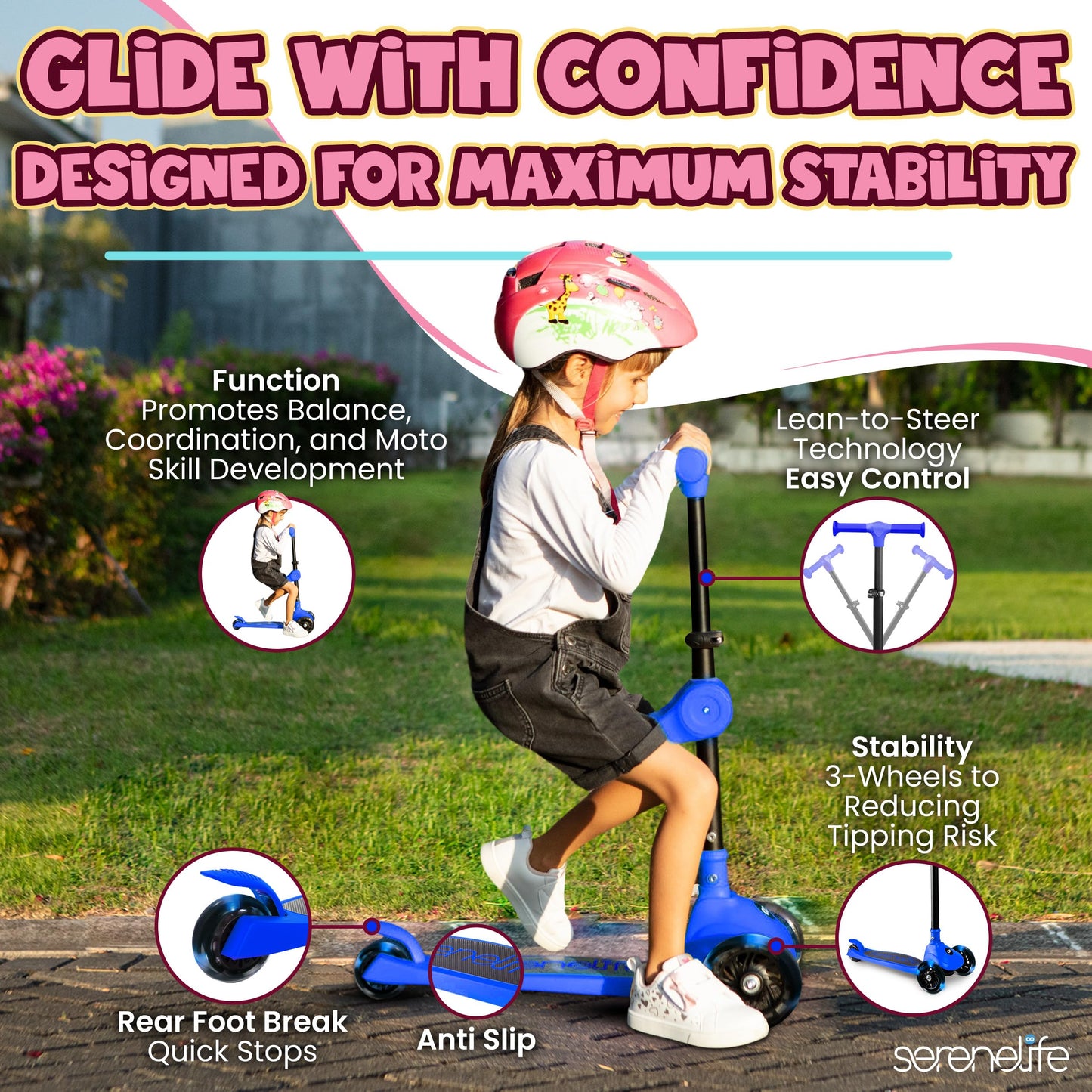 SereneLife 3 Wheel Foldable Kids Scooter - Foldable Seat, LED Wheel Lights, Adjustable Handlebar, Rear Foot Brake, Lean-to-Steer, Anti-Slip Deck, Ideal for Toddlers Kids 3+, up to 110Lbs, Blue