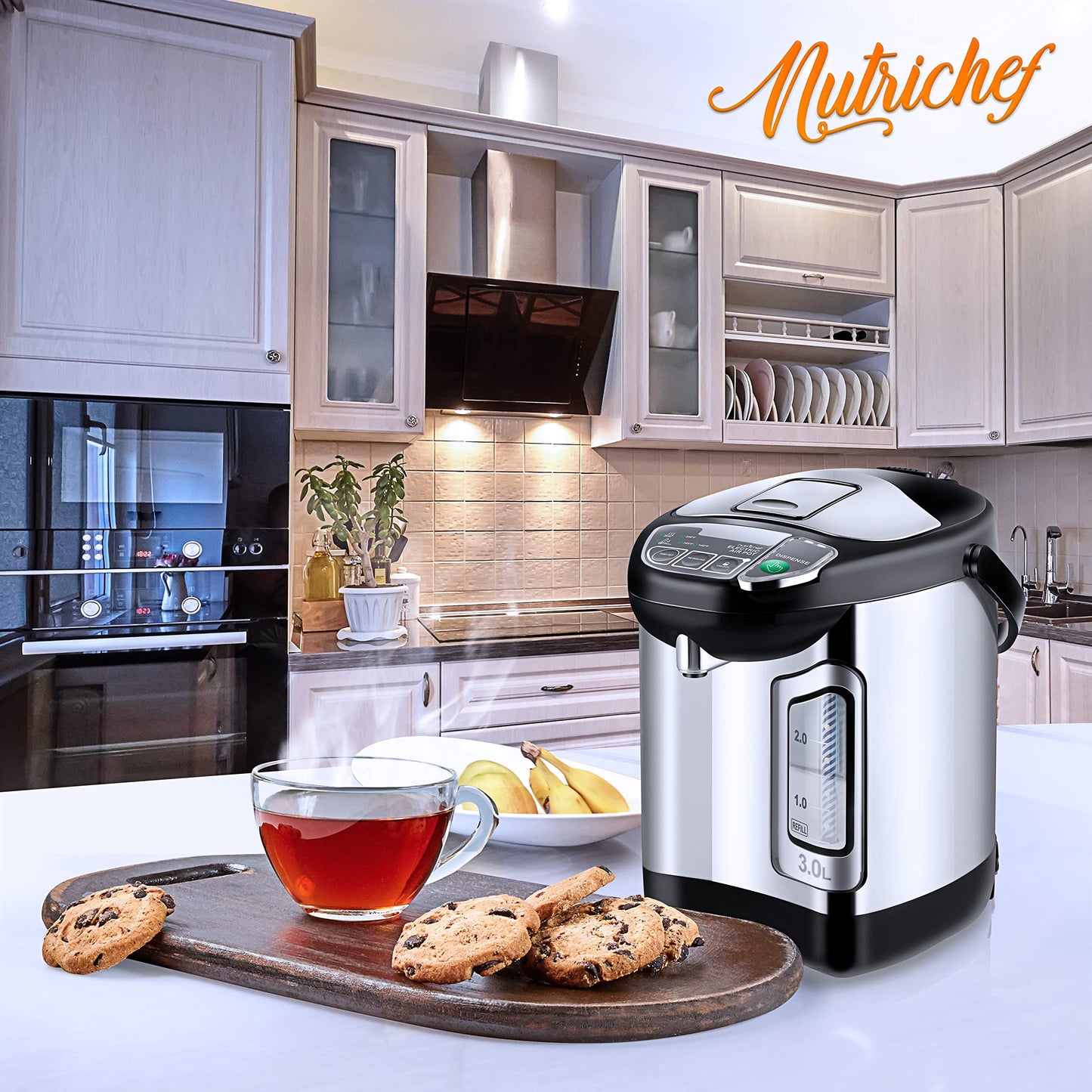 NutriChef Electric Water Boiler and Warmer - 3L/3.17 Qt Stainless Steel Electric Hot Water Dispenser w/Rotating Base, Auto Shut Off, Safety Lock, Instant Heating for Coffee & Tea (NCHUB13)