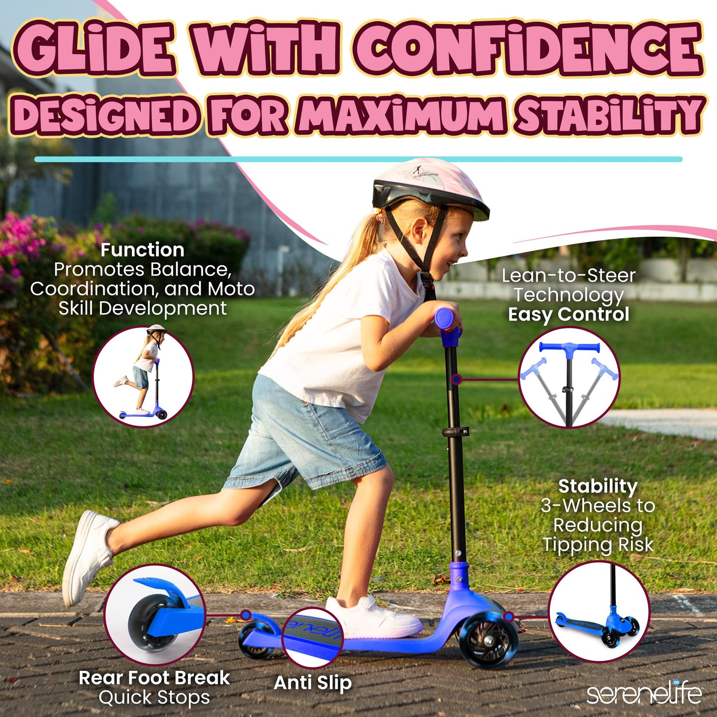 SereneLife 3-Wheel Foldable Kids Scooter – LED Wheel Lights, Adjustable Handlebar, Rear Foot Brake, Lean-to-Steer, Anti-Slip Deck – Ideal for Toddlers & Kids 3+, up to 110 lbs