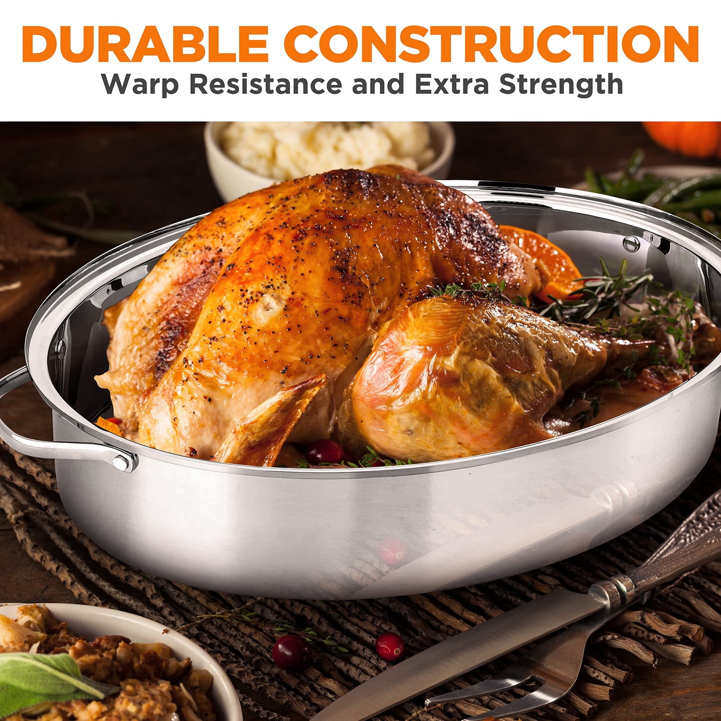 NutriChef 20" Oval Roasting Pan with Rack and Lid - Premium Stainless Steel Roaster Dish w/ Wide Handles & Removable Rack, Multi-Use Cookware for Turkey, Chicken, Stews, & More - Dishwasher Safe