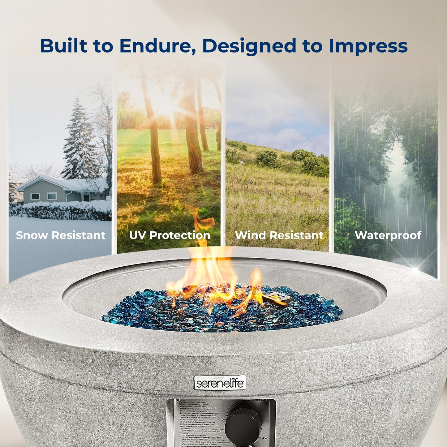 Outdoor Propane Fire Pit Table - CSA/ETL Certified Safe 40,000 Pulse Ignition Weatherproof Round Propane Gas Fire Table - Adjustable Flame, Thermocouple - PVC Cover, Lava Rock - SereneLife SLNFBAL7