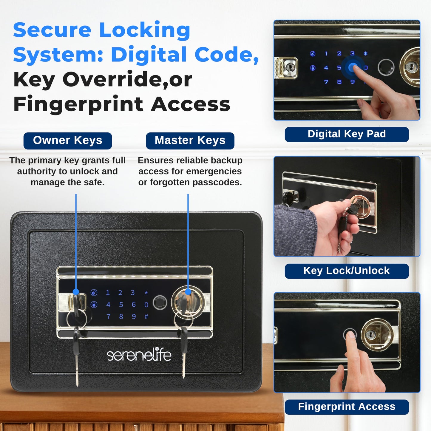 SereneLife Home Safe Box | Electronic Fingerprint Access, Money Safe for Home & Office, Touchscreen Keypad & Lock, Steel, Includes 2 Master Keys | 13.77 x 9.84 x 9.84 Inch 0.63 Cubic FT