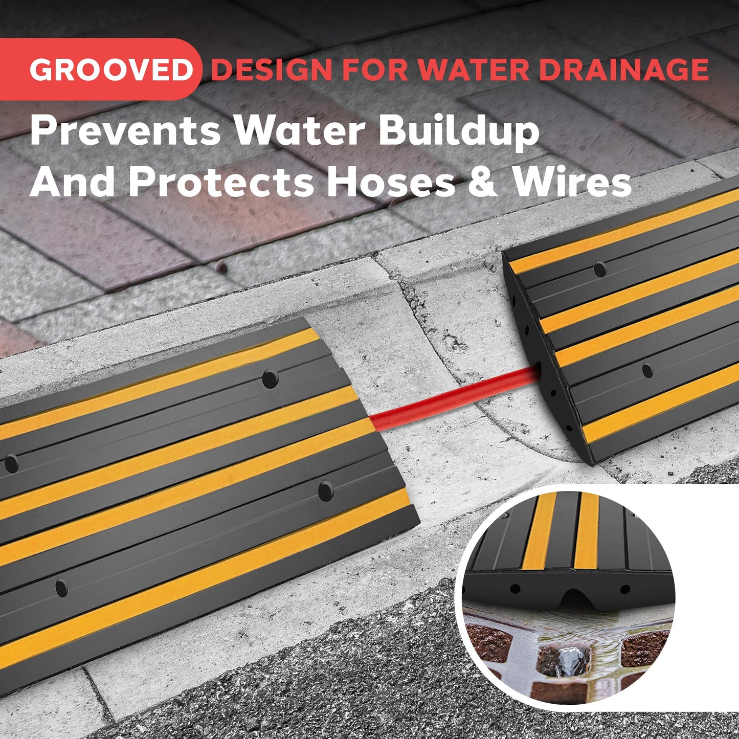 Pyle 2 Ft. Rubber Threshold Curb-Side Ramp - Yellow Reflective Lighting Strip, Pack of 2 Non-Slip Driveway Ramps for Vehicles and Wheelchairs 24.0’’x 16.0’’ x 2.6’’ inches, Expansion Screws Included