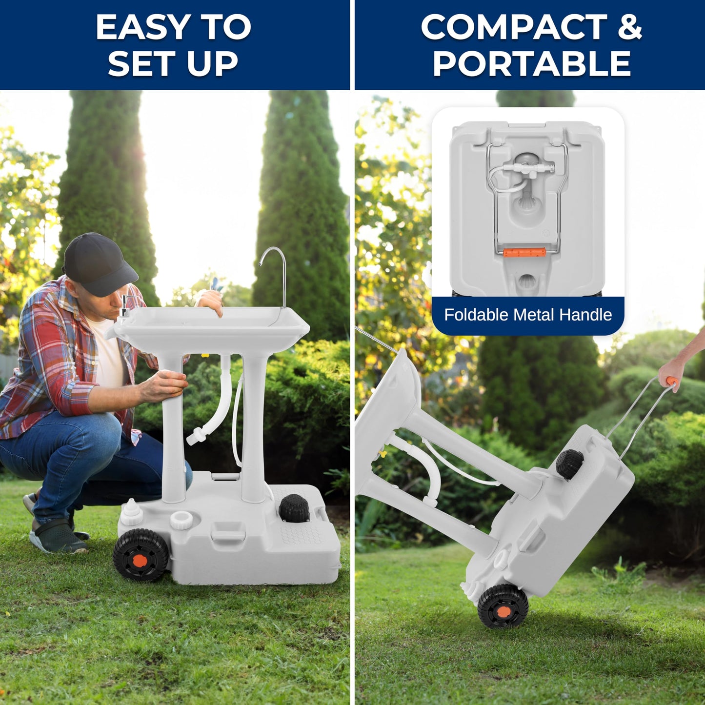 SereneLife Portable Camping Sink with 30L (7+ Gallon) Built-In Water Tank, Large Wheels, Hands-Free Foot Pump, Extra-Large Basin, and 5L Soap Dispenser – Ideal for Outdoors, Camping, and Worksites