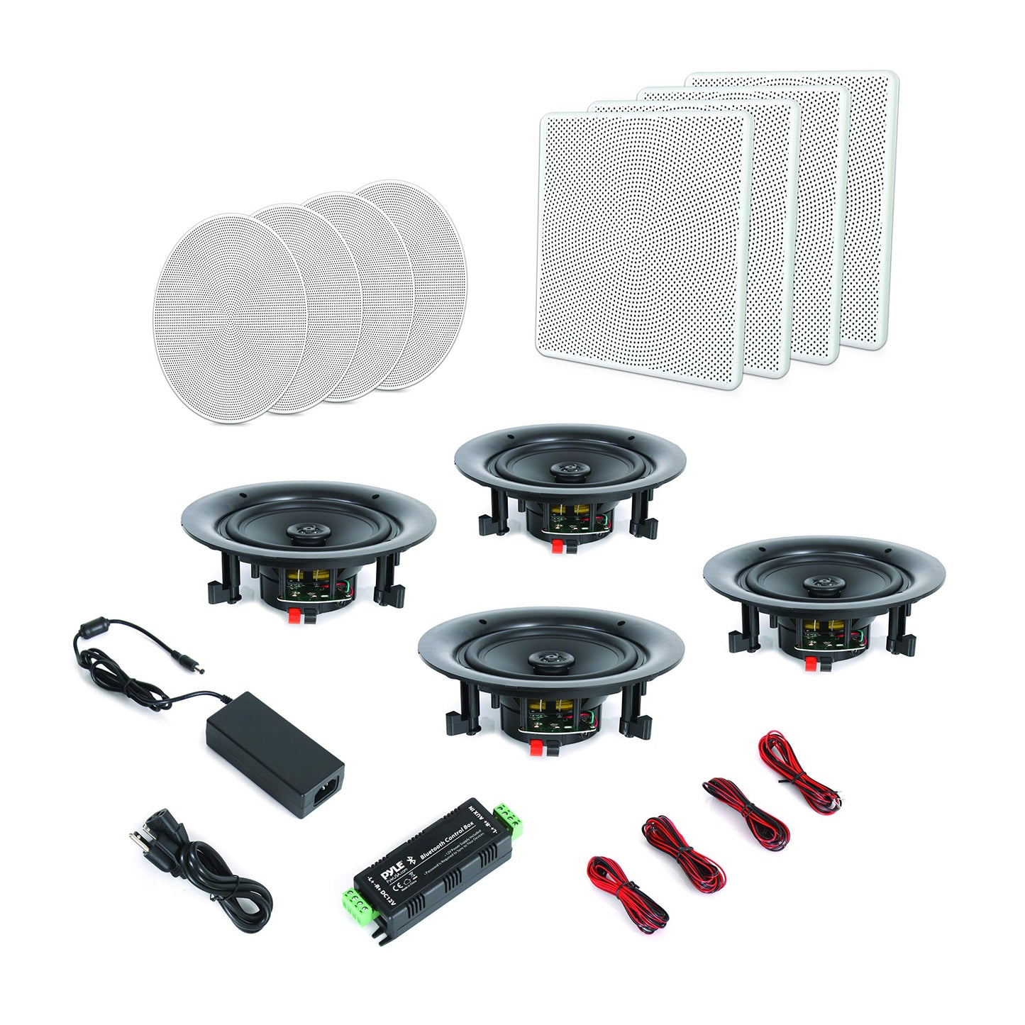 Pyle 5.25” 4 Bluetooth Flush Mount In-wall In-ceiling 2-Way Speaker System Quick Connections Changeable Round/Square Grill Polypropylene Cone & Tweeter Stereo Sound 4 Ch Amplifier 150 Watt (PDICBT256)