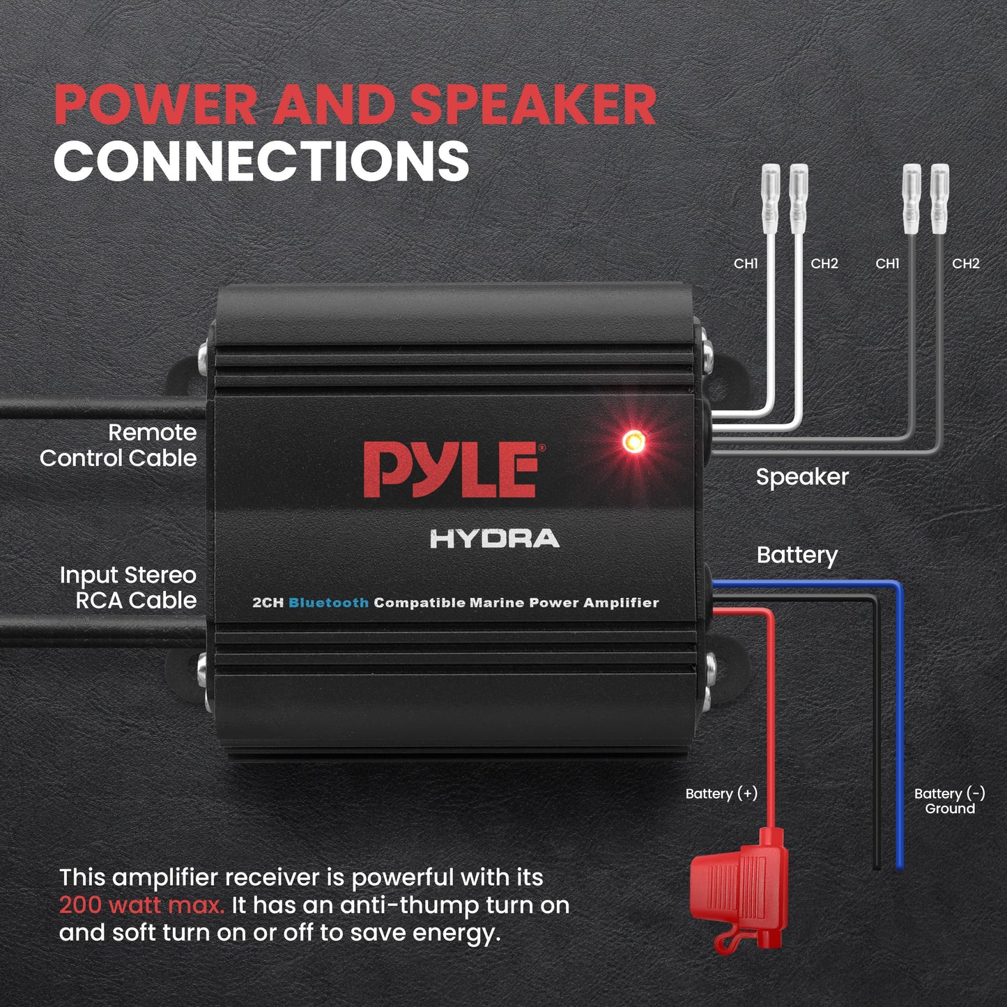 Pyle Auto 2-Channel Marine Amplifier - 200 Watt RMS 4 OHM Full Range Stereo with Wireless Bluetooth & Powerful Prime Speaker - High Crossover HD Music Audio Multi Channel System PLMRMB2CB, Black