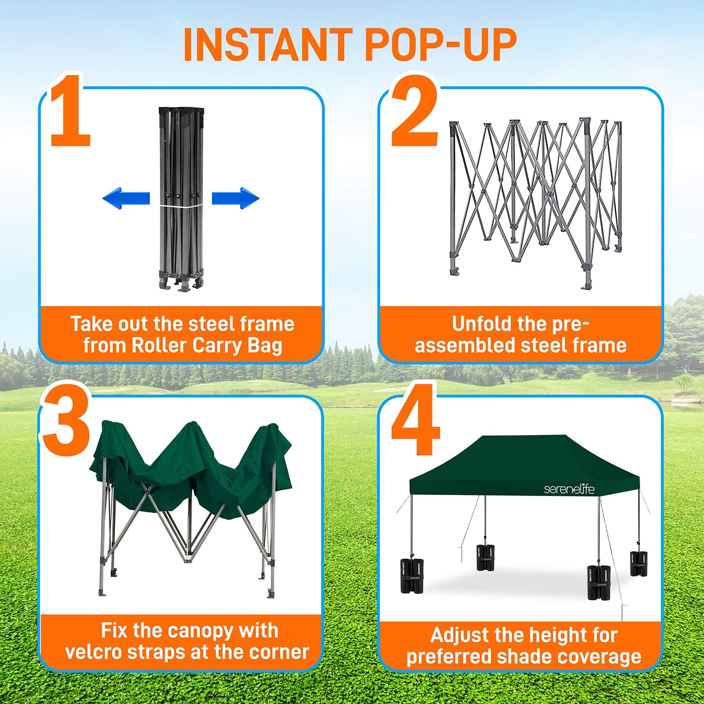 SereneLife SLGZ15FG Pop Commercial Instant Shelter-Waterproof Polyester Tent with Portable Wheeled Carry Sand Bag, 10 x 15 ft. (Forest Green), 10x15