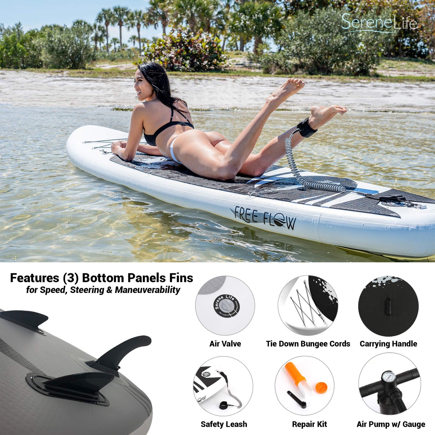 SereneLife Inflatable Stand Up Paddle Board (6 Inches Thick) with Premium SUP Accessories & Carry Bag | Wide Stance, Bottom Fin for Paddling, Surf Control, Non-Slip Deck | Youth & Adult Standing Boat
