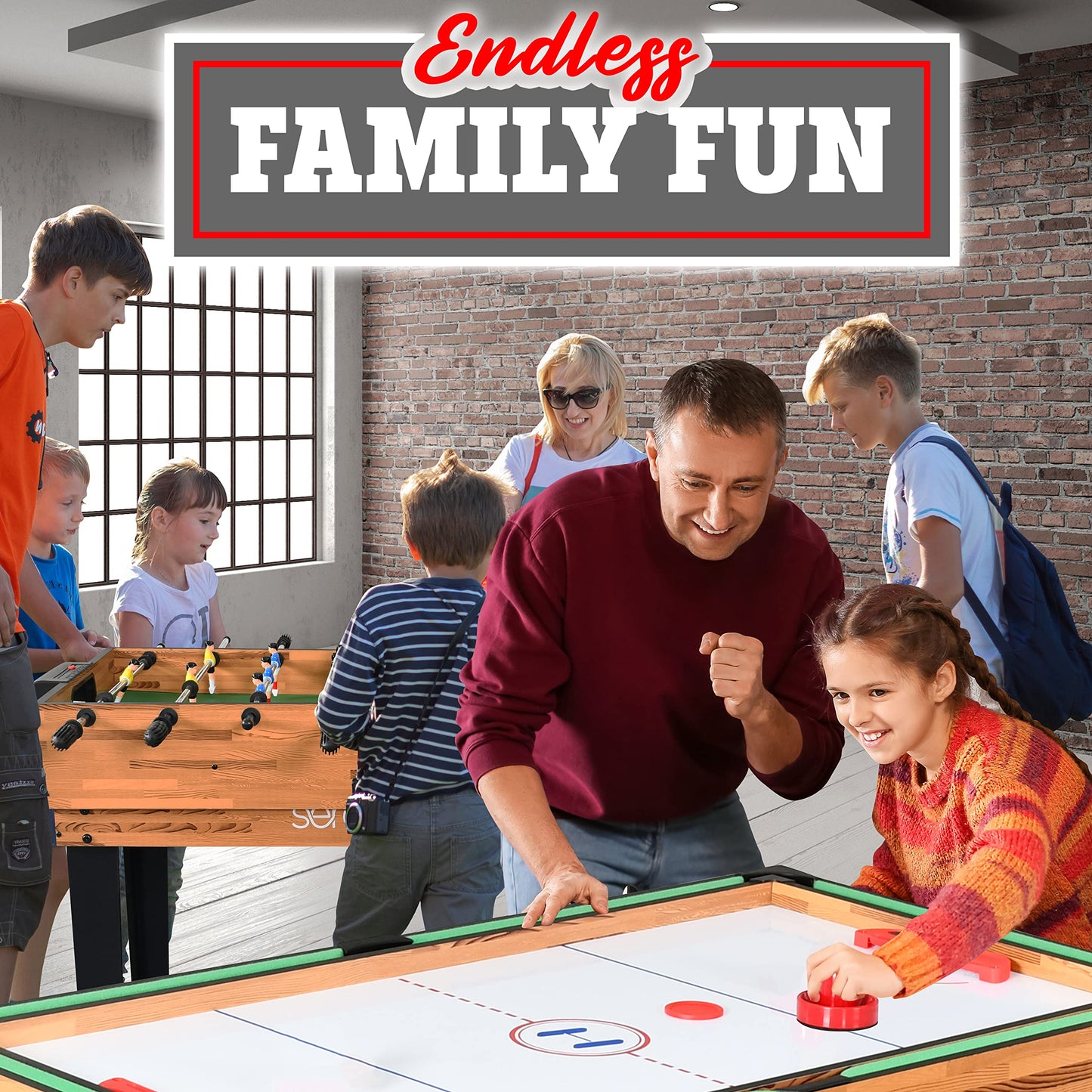 SereneLife 4in1 Multi Game Table, 48” Sports Arcade with Accessories, Ping Pong, Air Hockey, Pool Billiards, Soccer Foosball All in One, for Indoor and Outdoor, Family, Kids and Adults