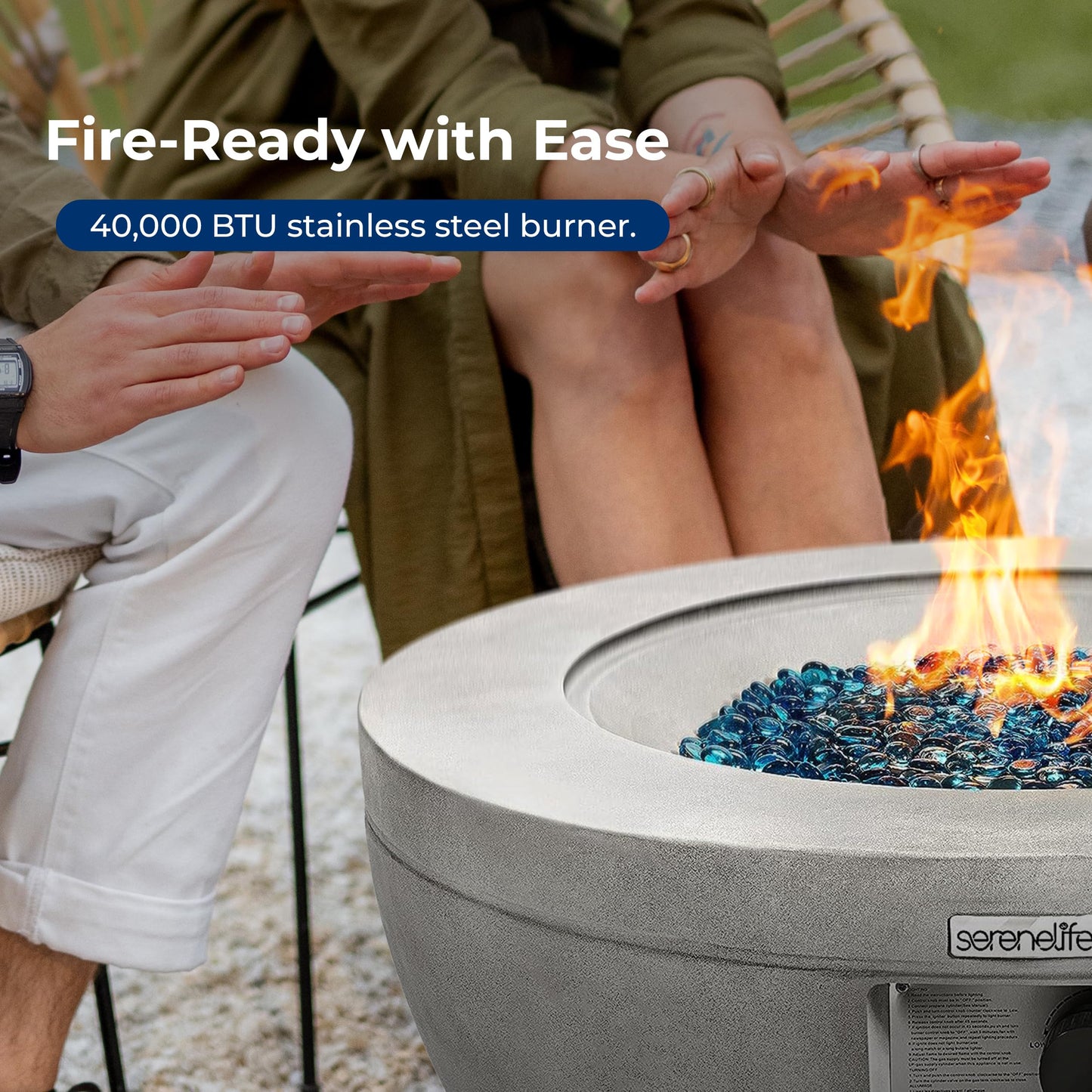Outdoor Propane Fire Pit Table - CSA/ETL Certified Safe 40,000 Pulse Ignition Weatherproof Round Propane Gas Fire Table - Adjustable Flame, Thermocouple - PVC Cover, Lava Rock - SereneLife SLNFBAL7