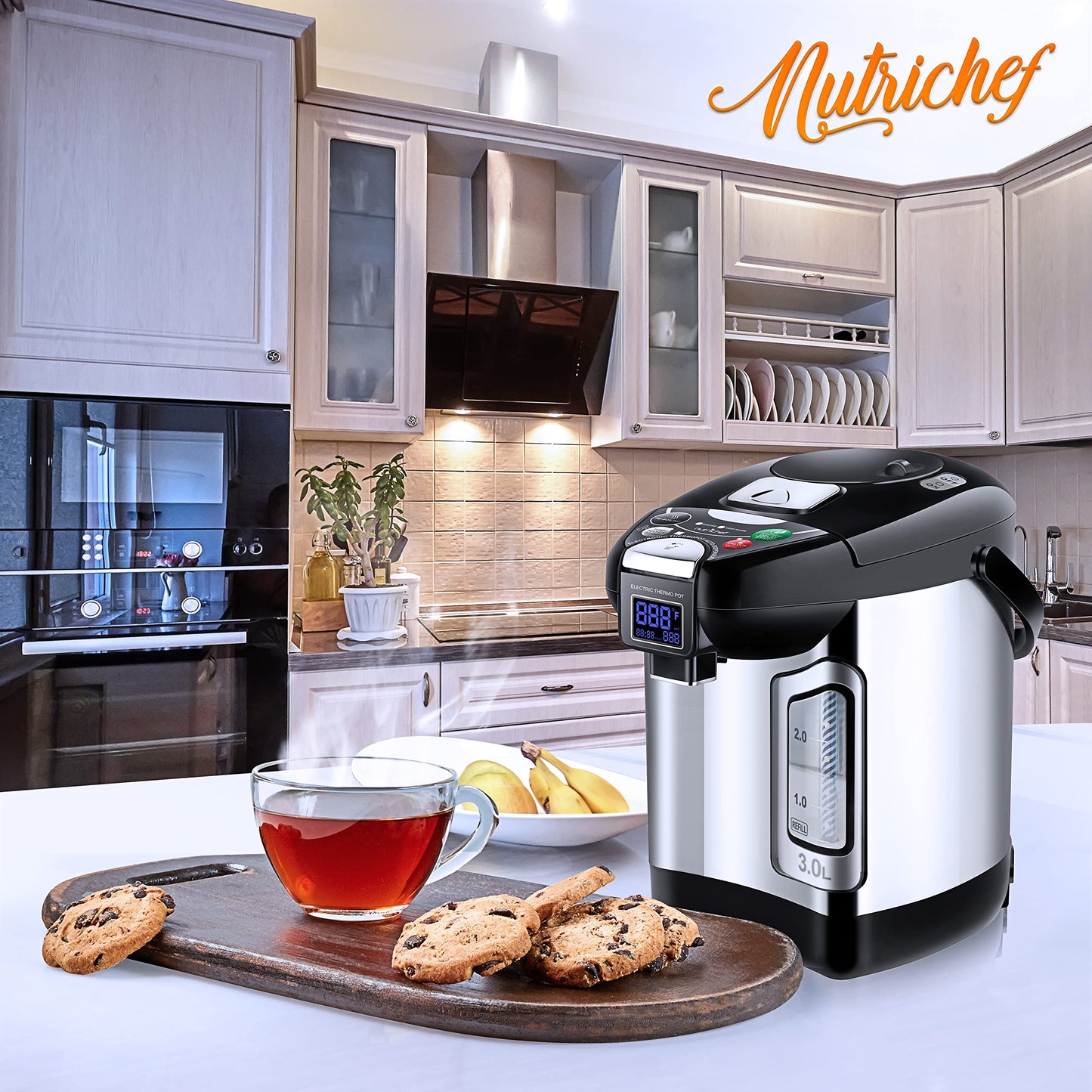 NutriChef Digital Water Boiler and Warmer - 3L/3.17 Qt Stainless Electric Hot Water Dispenser w/ LCD Display, Rotating Base, Keep Warm, Auto Shut Off, Safety Lock, Instant Heating for Coffee & Tea