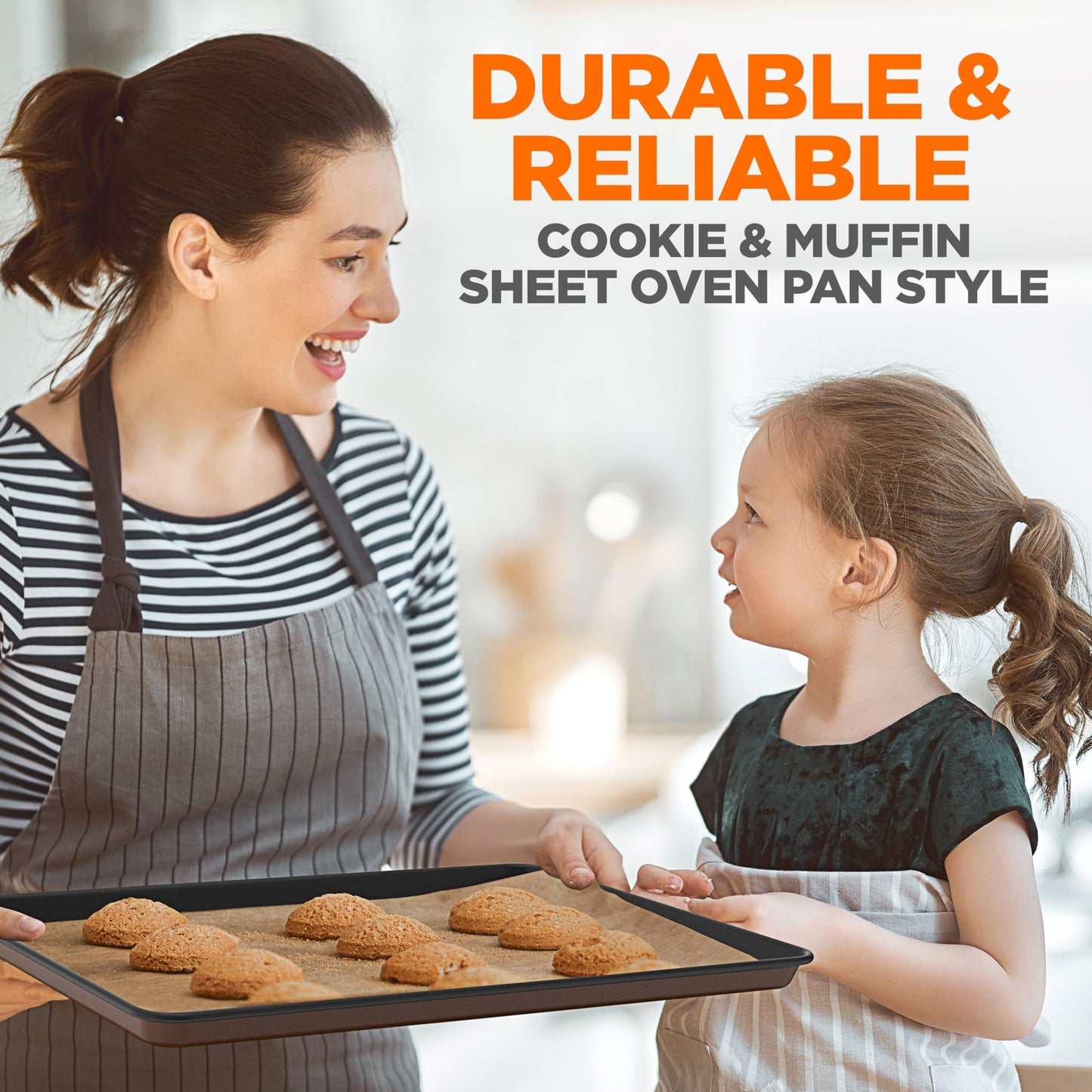 NutriChef 8-Piece Nonstick Stackable Bakeware Set - PFOA, PFOS, PTFE Free Baking Tray Set w/Non-Stick Coating, 450°F Oven Safe, Round Cake, Loaf, Muffin, Wide/Square Pans, Cookie Sheet (Brown)