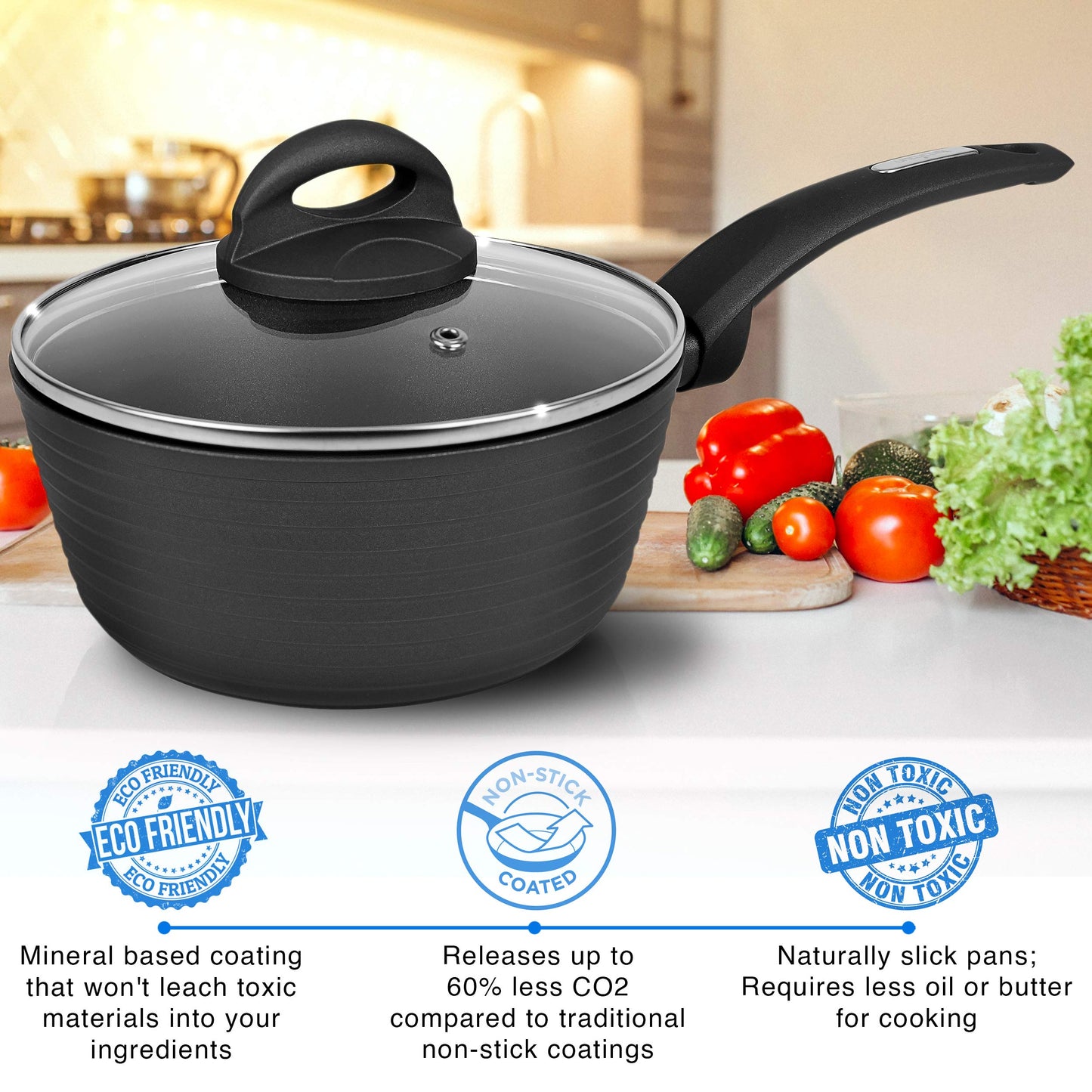 NutriChef Replacement Part-Saucepan Pot with Lid, 1.7 Quart, small, BLACK