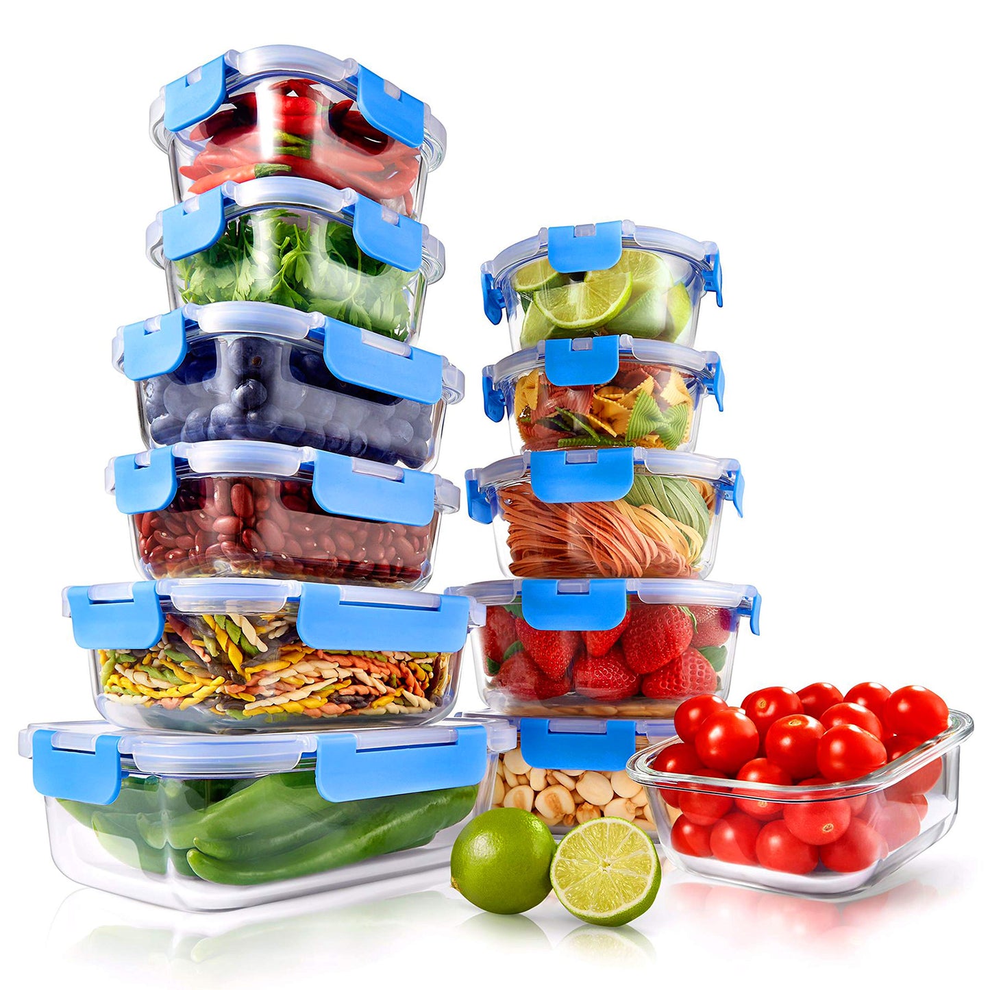 NutriChef 24pcs Glass Food Storage Containers, (12 Stackable Heavy Duty Meal Prep Containers w/ 12 Airtight Lids), Microwave, Freezer, & Dishwasher Safe for Food, Snacks, Fruit & More, (Blue)