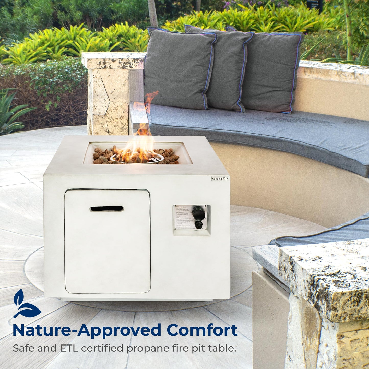 SereneLife Propane Gas Fire Pit Table - 40,000 BTU Outdoor Square Firepit with Lava Rocks, Cover, Adjustable Flame Height, and Weather-Resistant Design - Perfect for Backyard or Patio