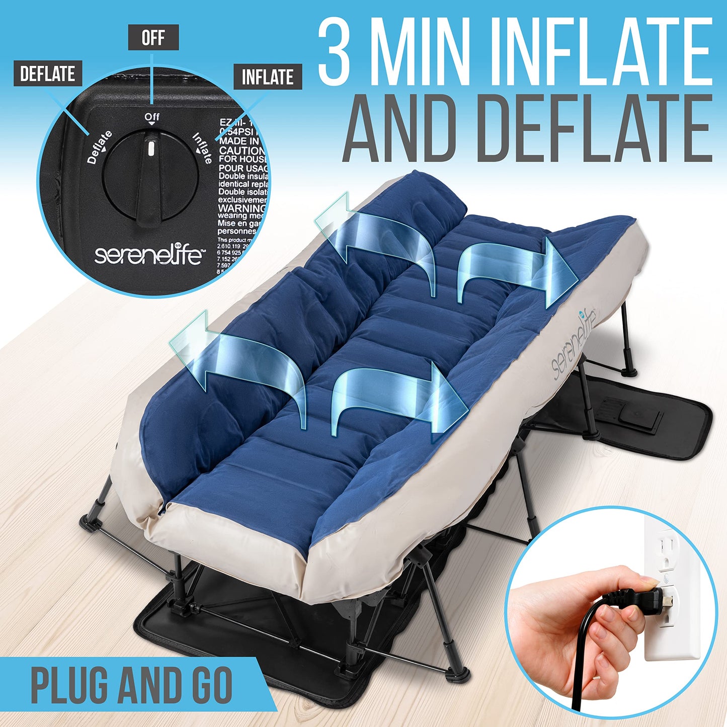 SereneLife EZ Bed Air Mattress with Frame and Rolling Case, Self-Inflating Airbed with Built in Pump for Travel and Hosting, Twin