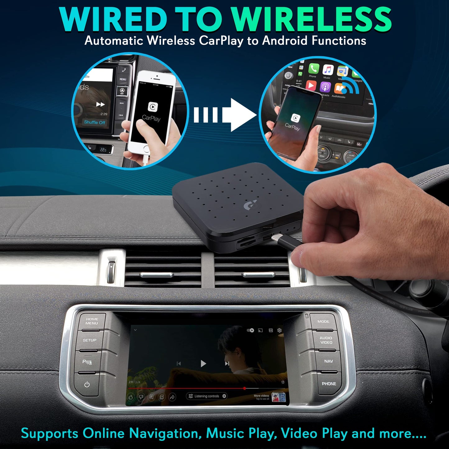 Pyle Wireless CarPlay & Android Auto Car Adapter – 4GB RAM 64GB ROM, Dual-Band WiFi, Octa-Core Processor, 4K HD, Screen Mirroring, USB3.0, Bluetooth, Supports Android Apps