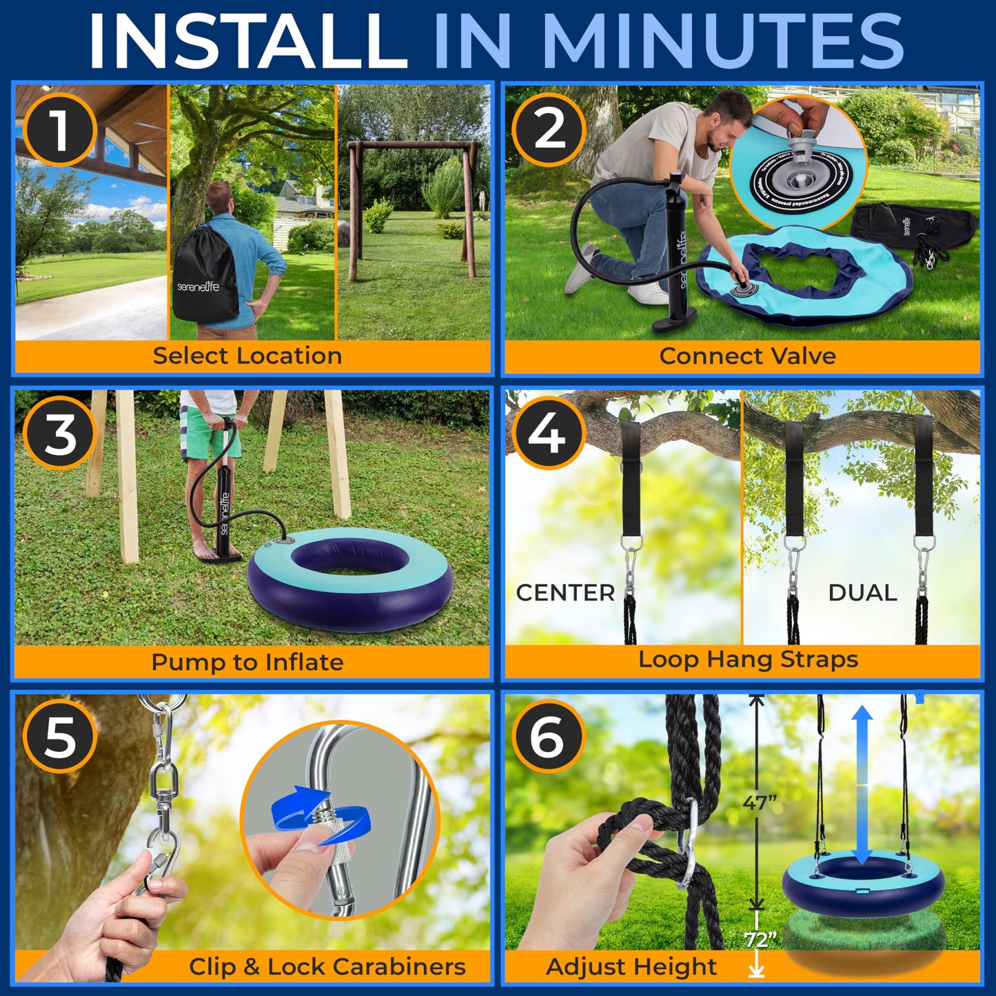 SereneLife 36” Inflatable Tire Swing with Hang Kit, 600lbs Capacity Heavy Duty Tire Swing with UV and Puncture Resistance, 360 Swivel, Hand Pump, Adjustable Ropes, Carry Bag, Hangs on Trees and Posts