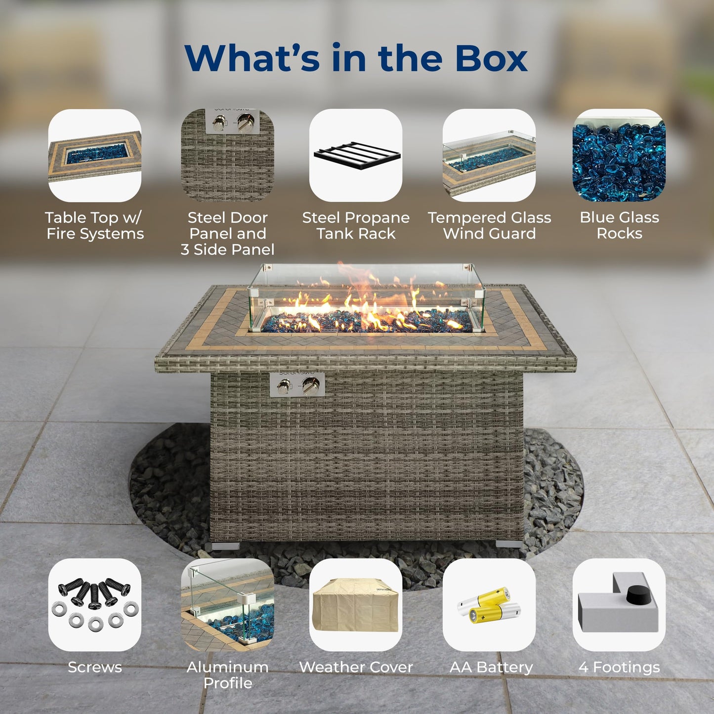 SereneLife Outdoor Propane Fire Pit Table- 50,000 BTU Auto-Ignition Gas Fire Pit w/Glass Wind Guard, Mosaic Tiles Tabletop & Clear Glass Rock for Outdoor Cooking & Grilling