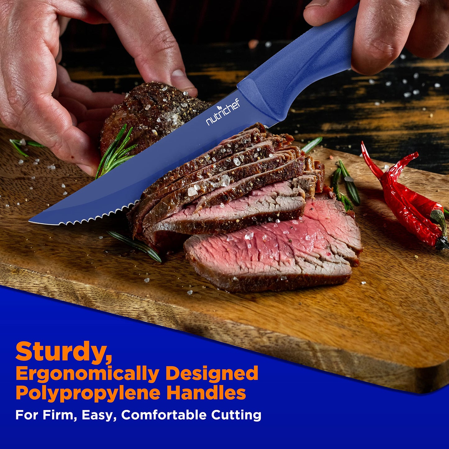 NutriChef 8 Piece Kitchen Knife Set - Multi-purpose Unbreakable Ergonomic Non-stick Stainless Steel Kitchen Steak Knives Set with Fully Serrated Blades - Great for BBQ Grill - NCSK8BU,Blue