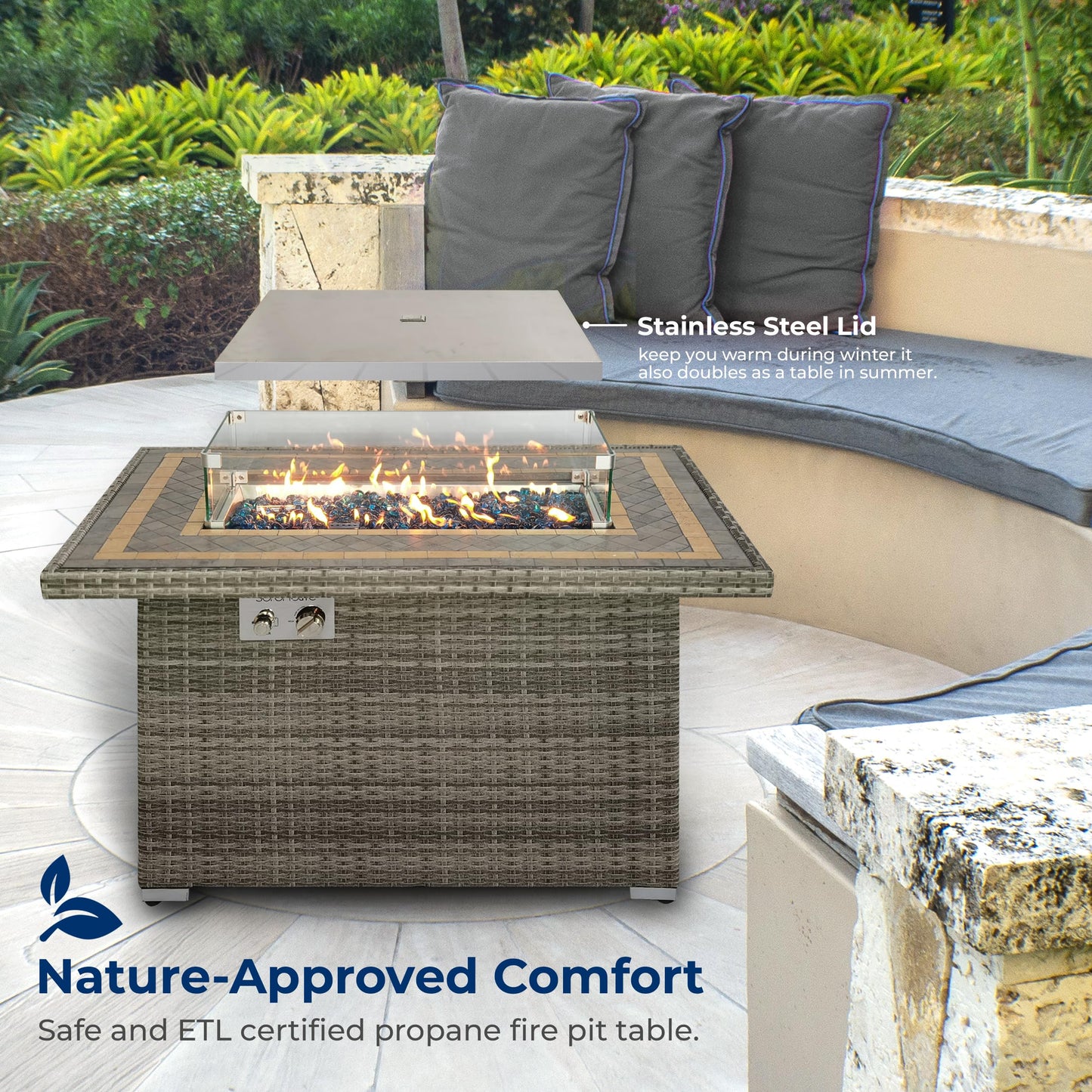 SereneLife Outdoor Propane Fire Pit Table- 50,000 BTU Auto-Ignition Gas Fire Pit w/Glass Wind Guard, Mosaic Tiles Tabletop & Clear Glass Rock for Outdoor Cooking & Grilling