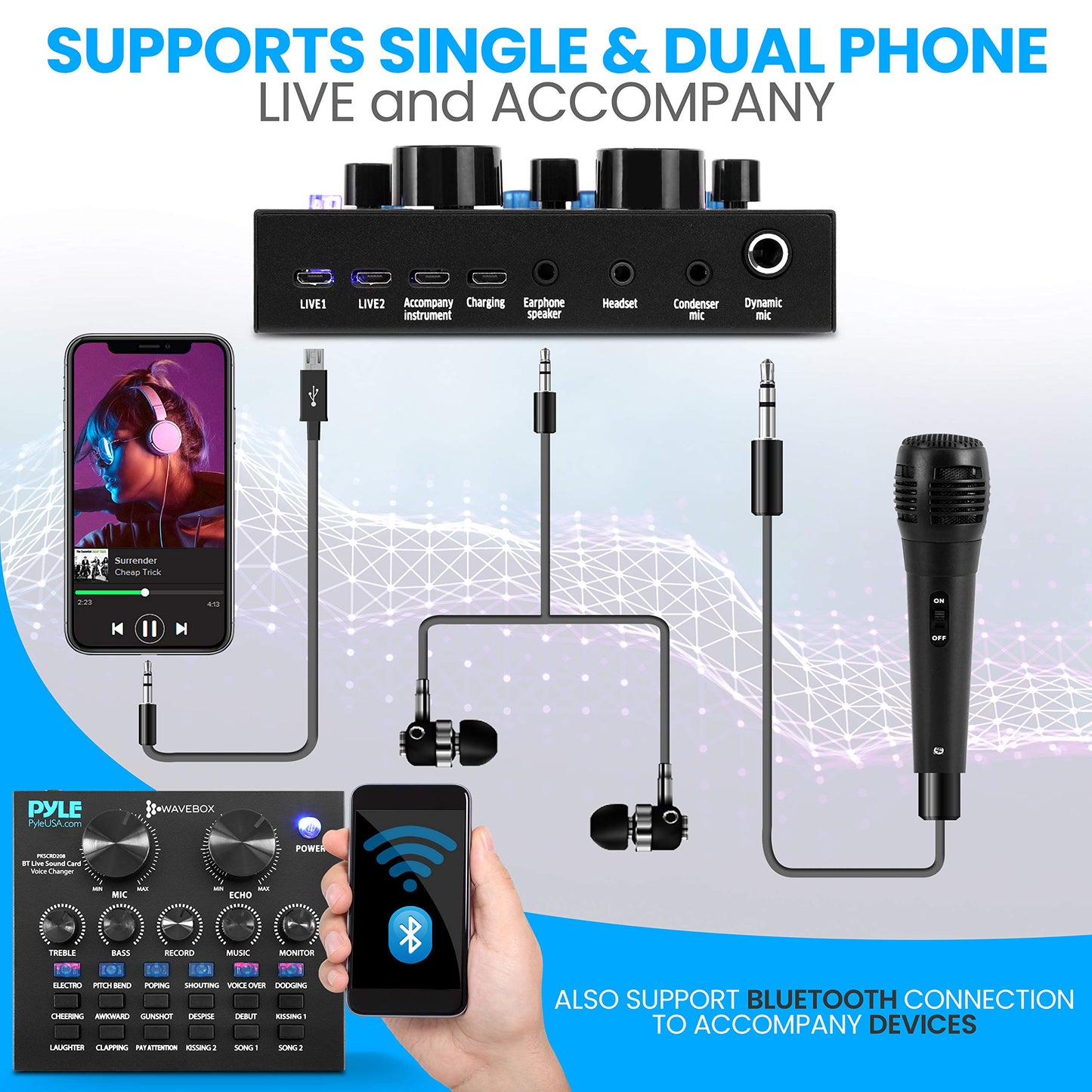 Pyle PKSCRD208 Bluetooth Mini Audio Interface Podcast Mixer Sound Card - Live Streaming for PC Computer iPhone Broadcasting | Voice Changer V8 with 12 Sound Effects,3 Inputs, Mic Input