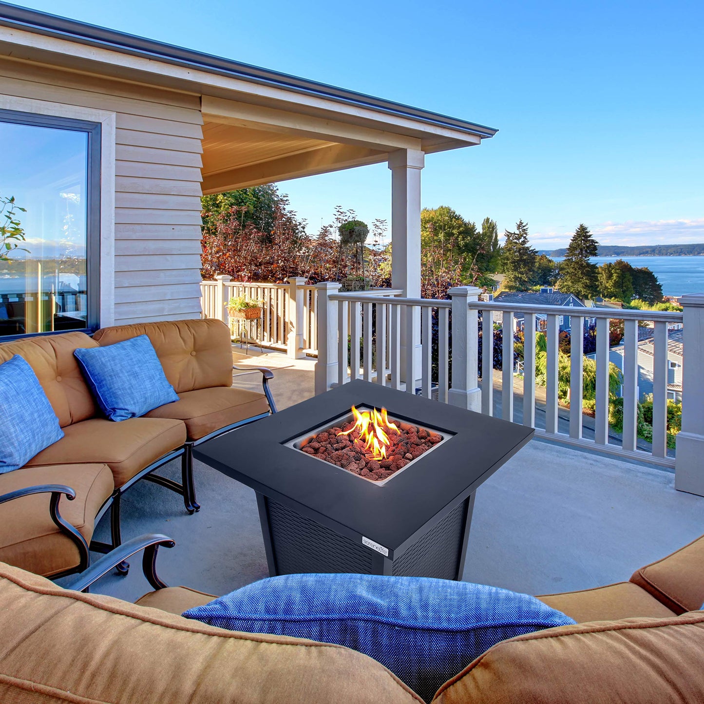 Outdoor Propane Fire Pit Table - CSA Approved Safe 40,000 BTU Pulse Ignition Propane Gas Fire Table - Steel Tabletop, Rattan-Look Steel Panel, 6.6 Lbs Decorative lave Rock Set - SereneLife SLFPS3
