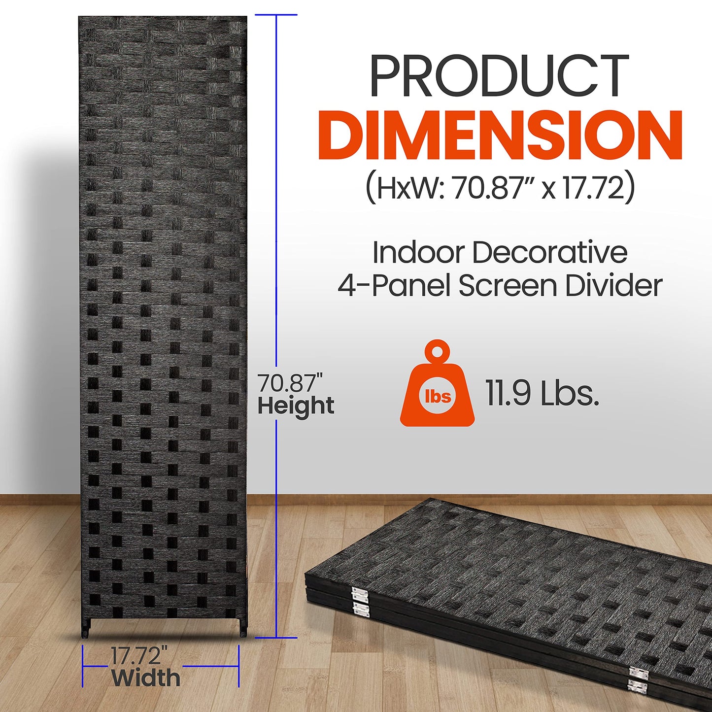 SereneLife Woven Fiber Room Divider - 4-Panel Portable Lightweight Freestanding Indoor Foldable Decorative Partition, Screen Separator, Better Folding Privacy, Dressing Area, Porch, Office