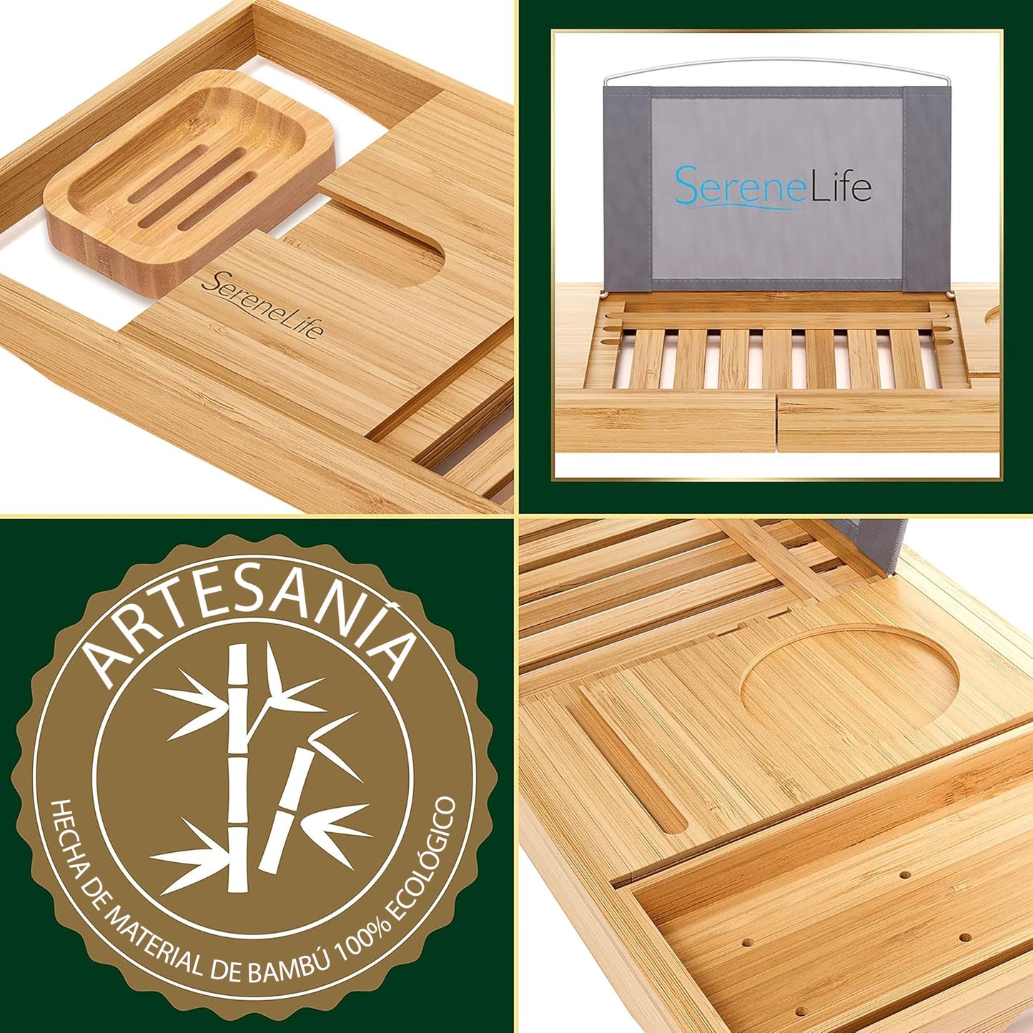 SereneLife Bamboo Bathtub Caddy with Luxury Gift Box and Red Gifting Ribbon Extendable & Adjustable Tray with Device/Book Holder with Removable Trays for Bath Accessories (Natural)