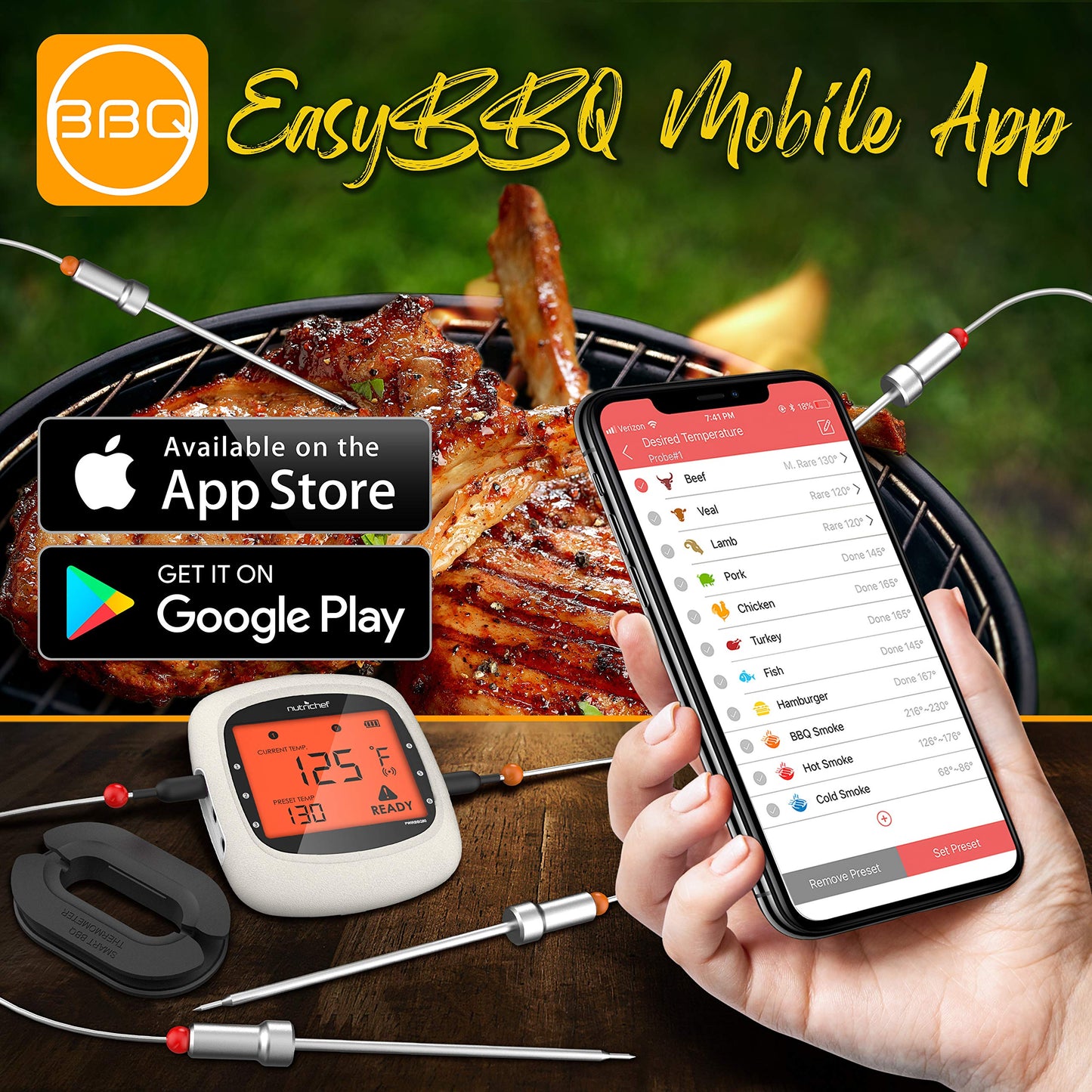 NutriChef Bluetooth Meat Thermometer for Grilling and Smoking, up to 6 Temperature Probes and Smart APP, 400 Ft Range, LCD