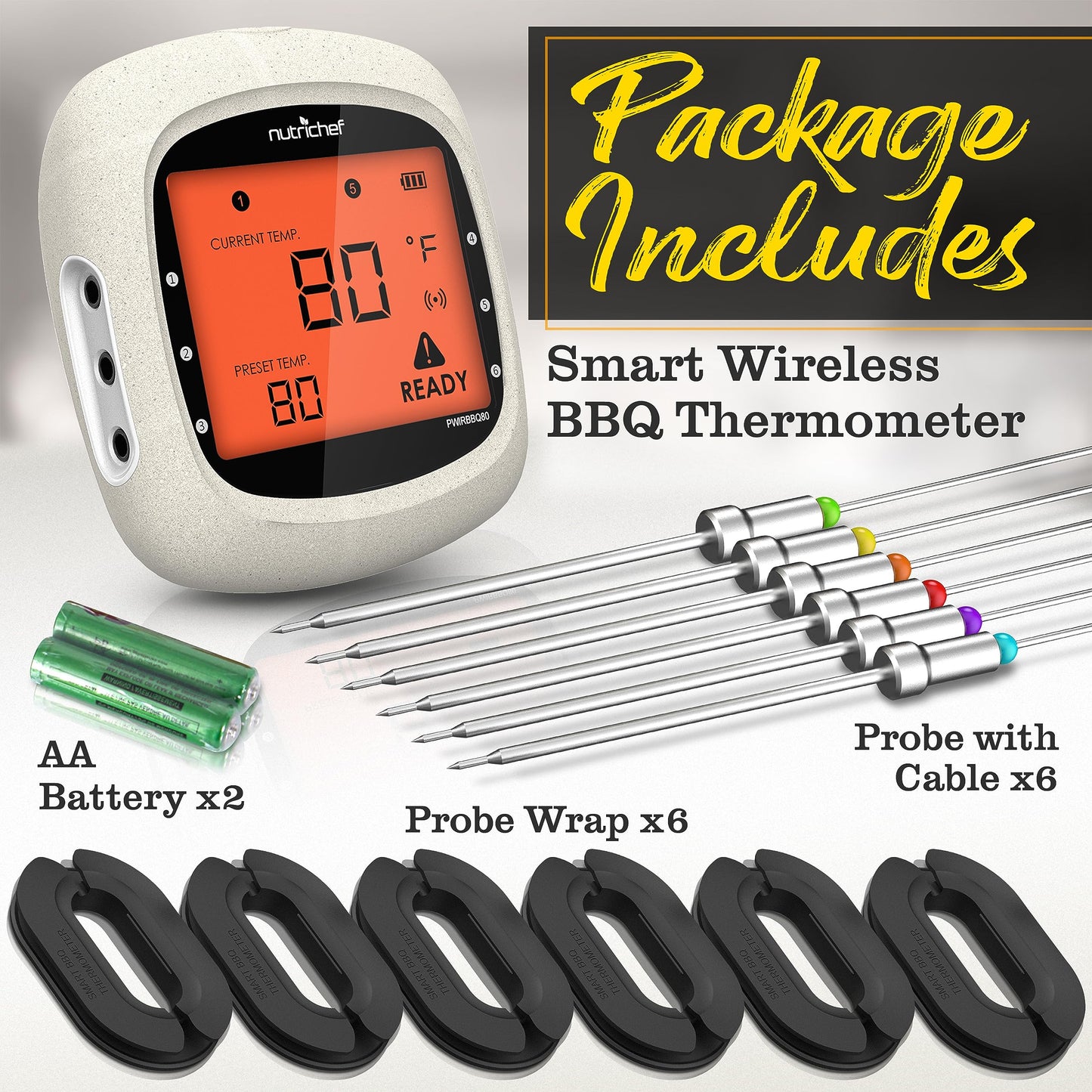 Nutrichef Bluetooth Meat Thermometer for Grilling and Smoking with 6 Wireless Meat Probes, 6 Channels with LCD Display