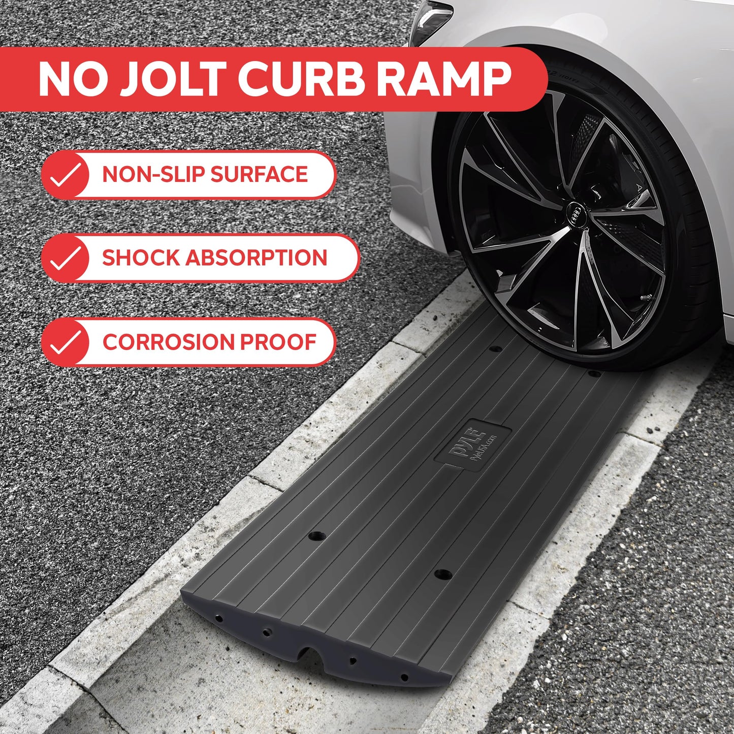 Pyle Car Vehicle Curbside Driveway Ramp - 4ft Heavy Duty Rubber Threshold Bridge Tracks Curb Ramps, 2 Pieces Set (for Car, Truck, Scooter, Bike, Motorcycle, Wheelchair Mobility), Black