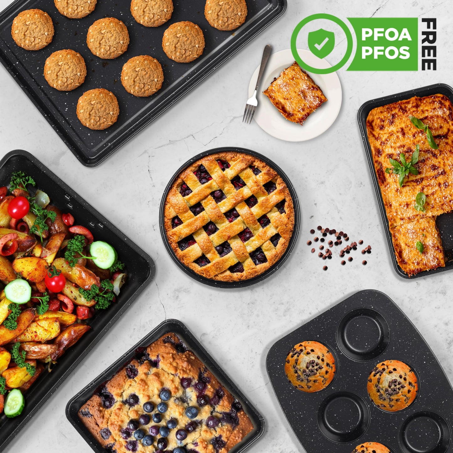 NutriChef 8-Piece Stackable Bakeware Set | Carbon Steel Non-Stick Baking Pan Set | Includes Sheet, Muffin, Round, Loaf, Square Cake & Deep Pans | No PFOA & PFOS | Oven Safe to 450 F (Black Marble)