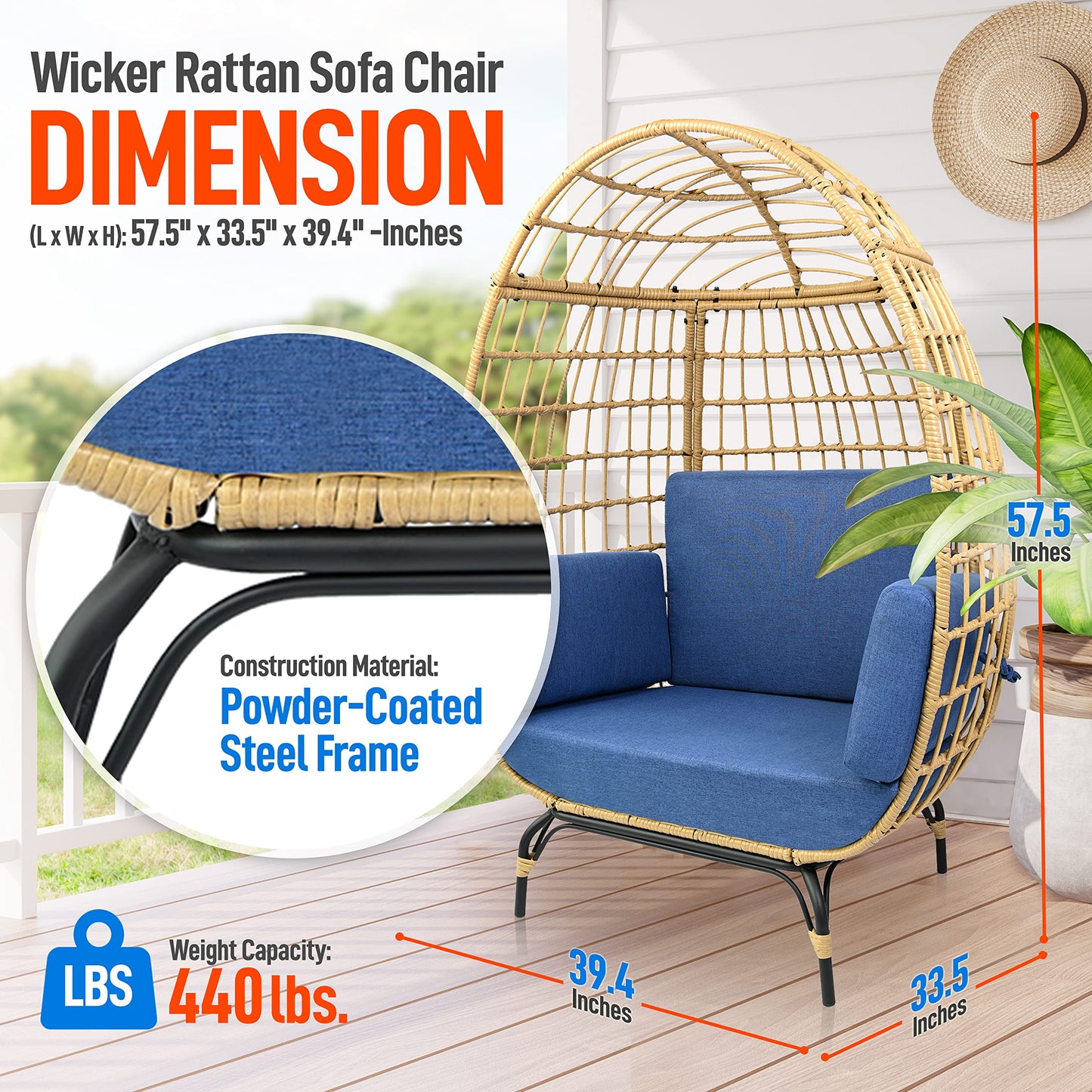 Jovial Wicker Rattan Egg Chair,Indoor Outdoor Blue Sofa Chair for Patio Backyard and Living Room with 4 Cushions and Powder Coated Steel Frame,Woven Texture Contemporary Ribbed Back Design
