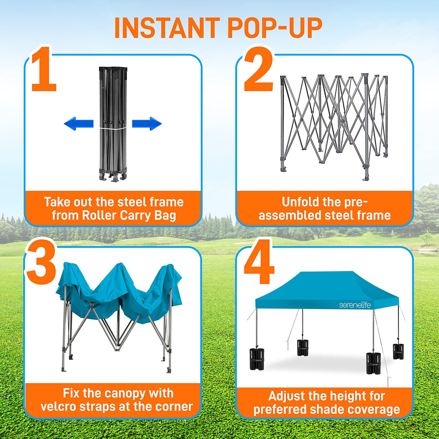 SereneLife SLGZ15SB Pop Commercial Instant Shelter-Waterproof Polyester Tent with Portable Wheeled Carry Sand Bag, 10 x 15 ft. (Sky Blue), 10x15