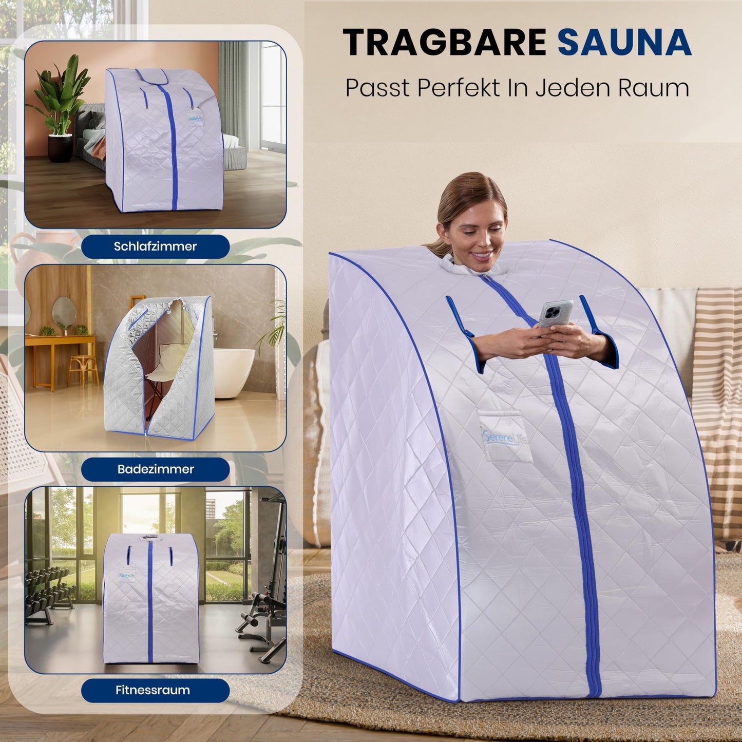 SereneLife Portable Sauna Box for Home, Infrared Sauna Tent with Heated Foot Pad and Folding Chair, Remote Control In-Home Spa, 38" x 32” - (Silver)