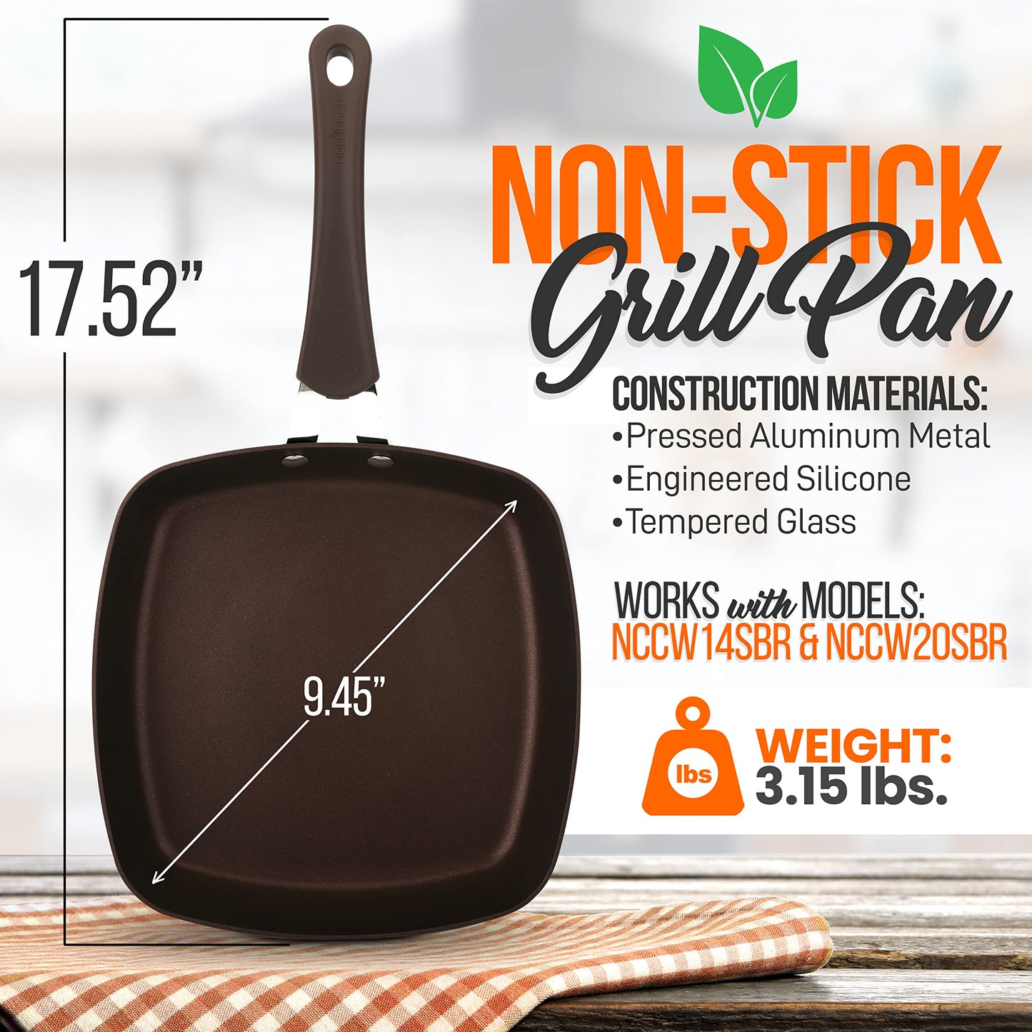NutriChef 9.45'' Grill Pan - Non-Stick High-Qualified Kitchen Cookware, Safe for Gas, Electric, Ceramic & Induction Counter Cooktops (Works with Models: NCCW14SBR & NCCW20SBR) NCCW14SBRGRILLP